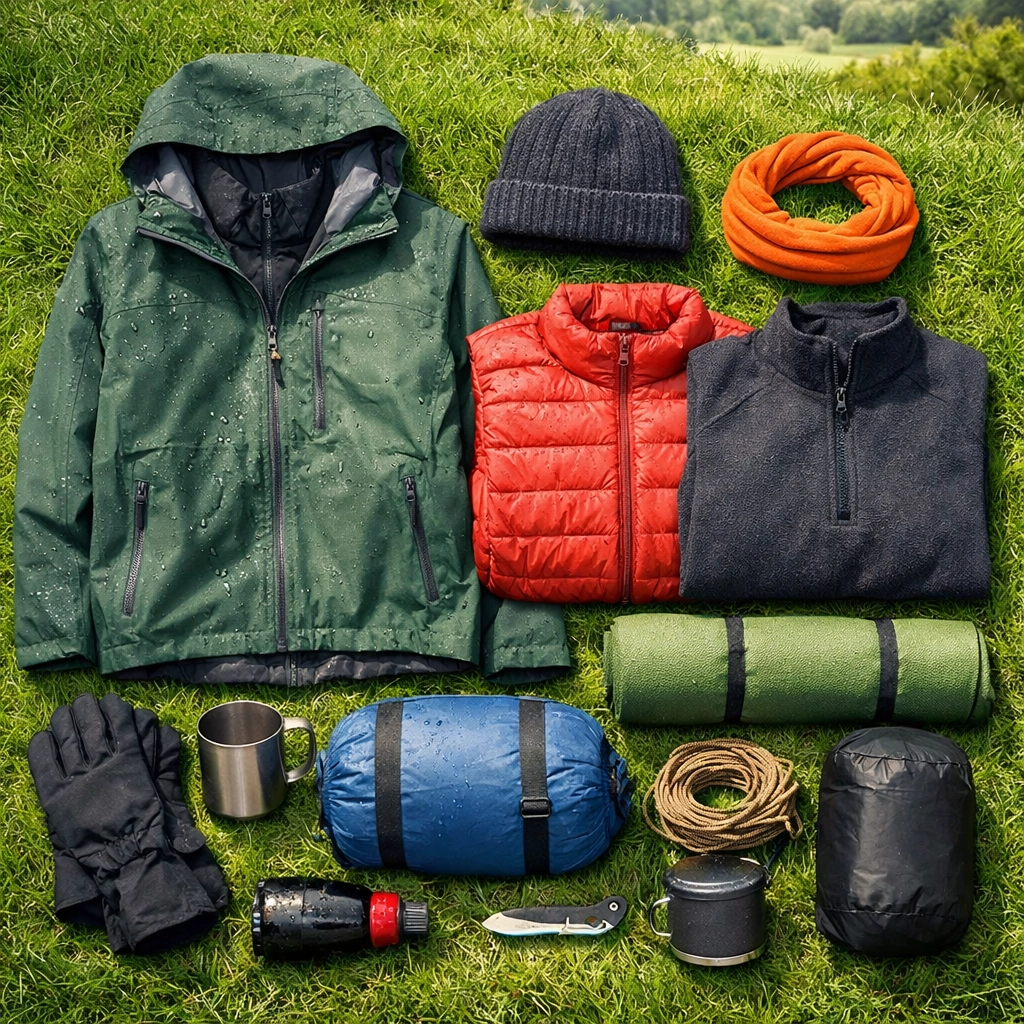 Waterproof layers and camping gear spread out for UK wild camping weather protection