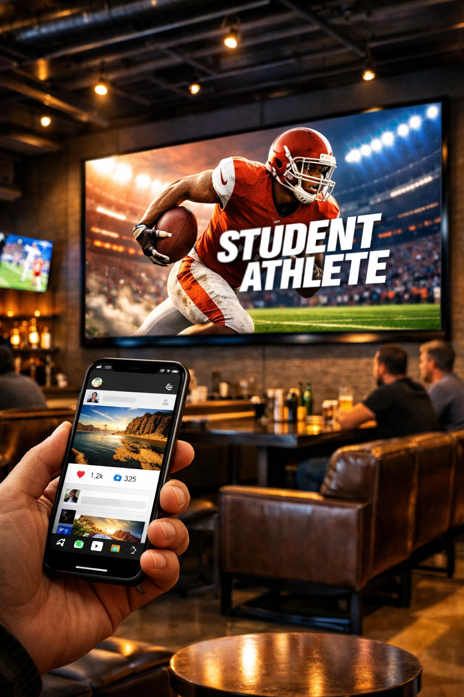 Modern sports lounge featuring digital billboard advertising and mobile social media engagement.