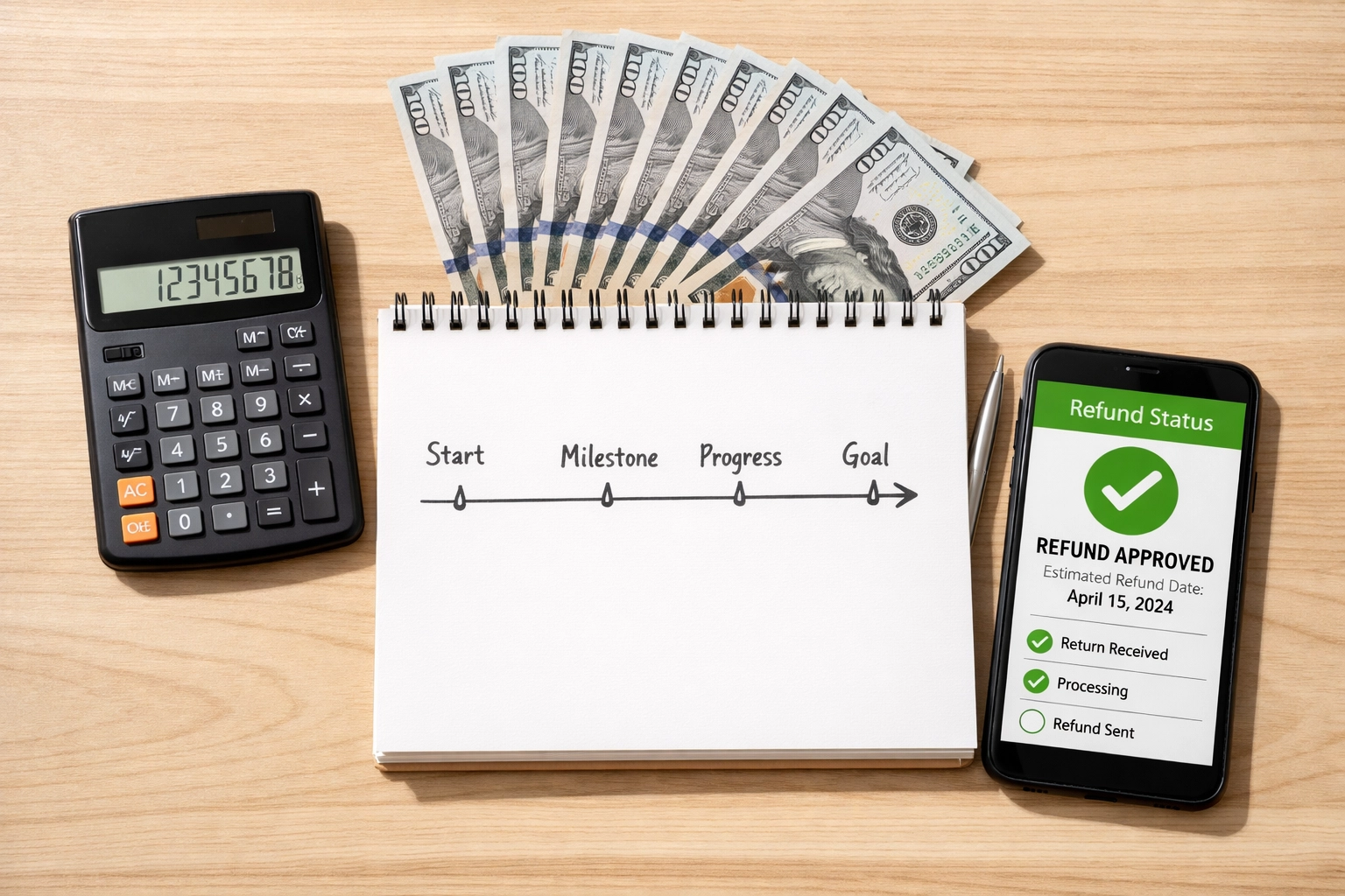 Tax refund planning with calculator, cash, and refund tracking app