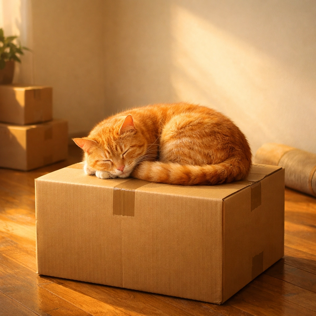 A cat sleeping on a moving box in a sunny room, representing a hassle-free house sale in Kansas City.