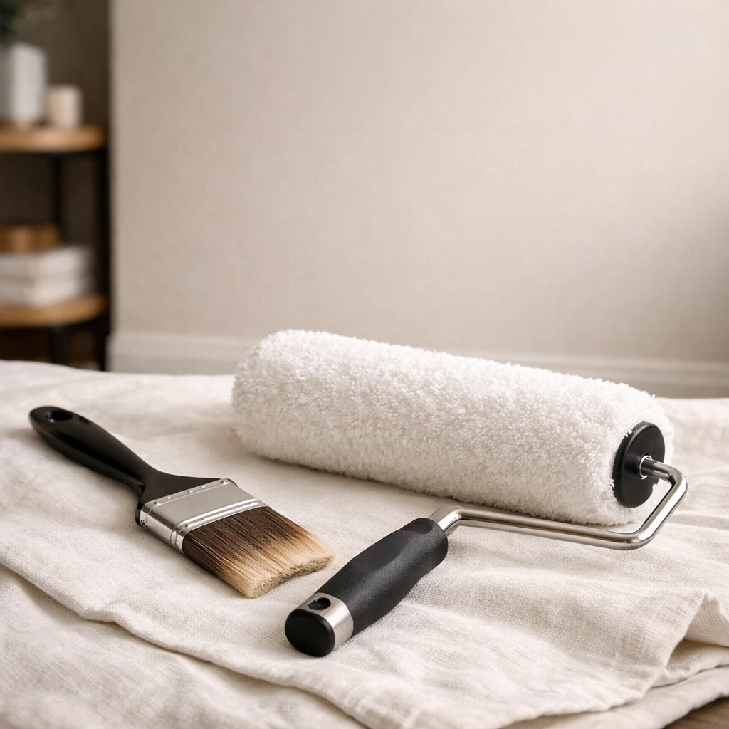 High-quality painting brushes and rollers on a drop cloth for a professional interior finish.