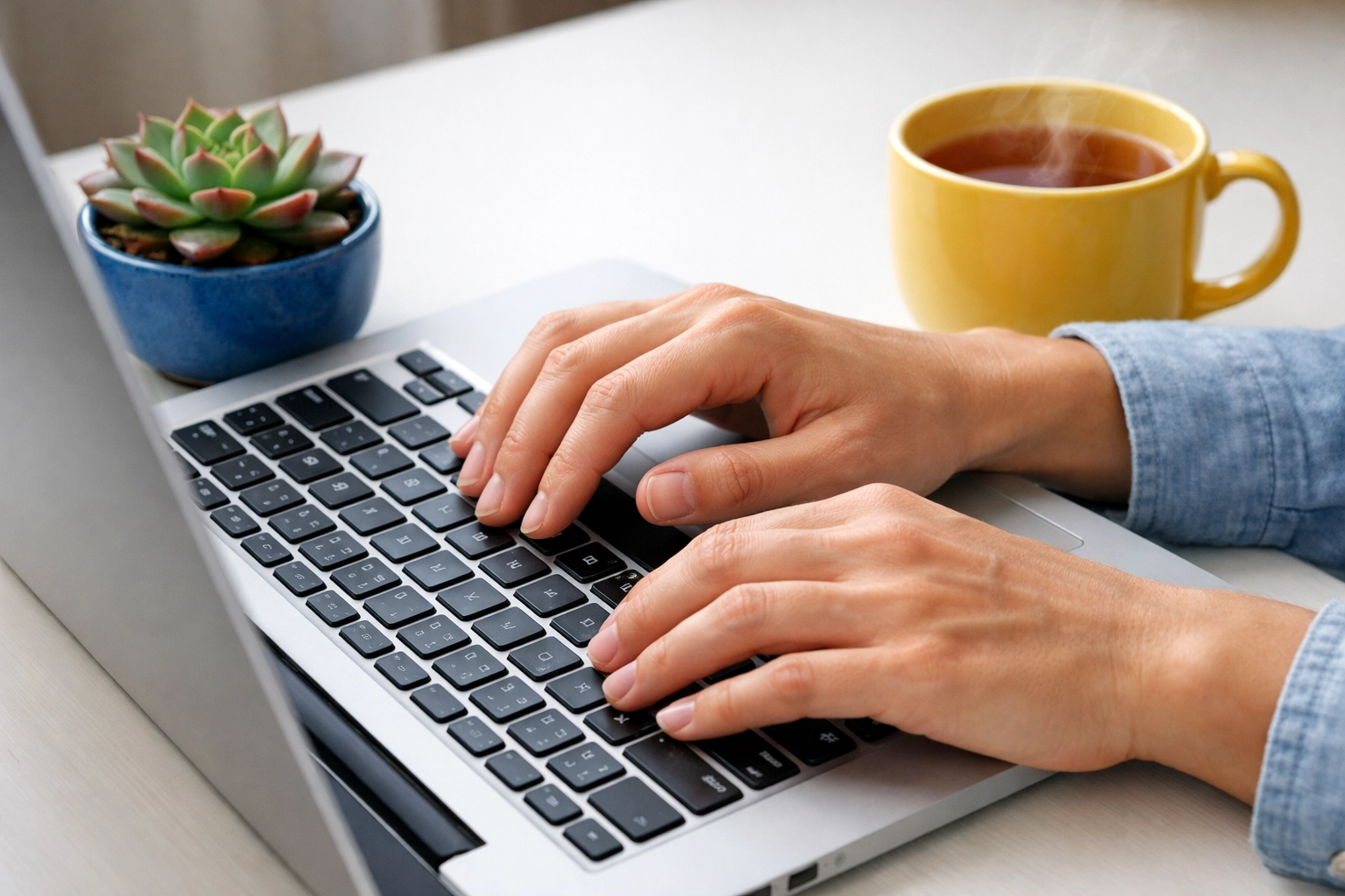 Close-up of hands typing on a laptop to set up automated donor stewardship workflows for a nonprofit.