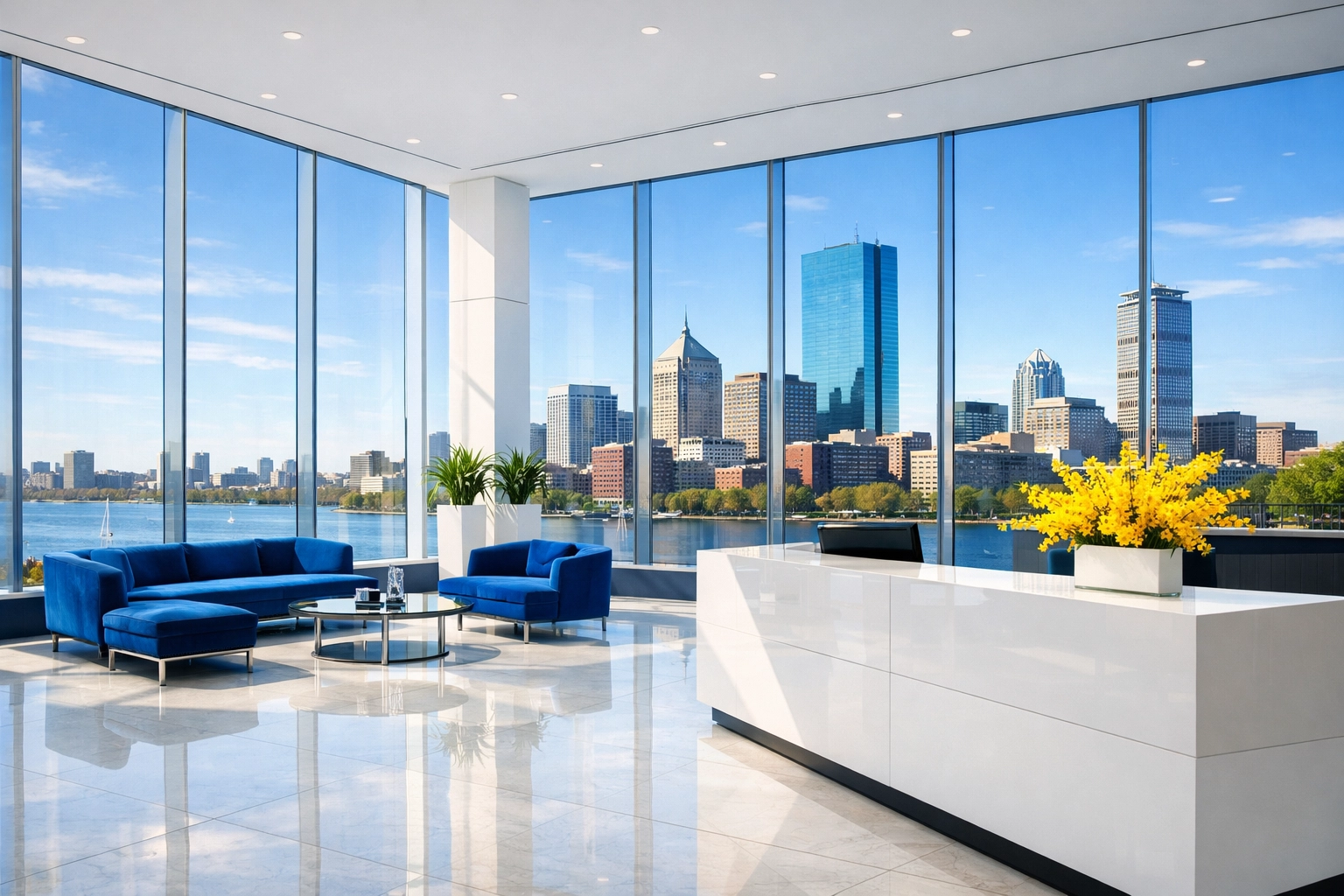 Pristine corporate lobby in Boston with polished marble floors, showcasing expert janitorial services in Massachusetts.