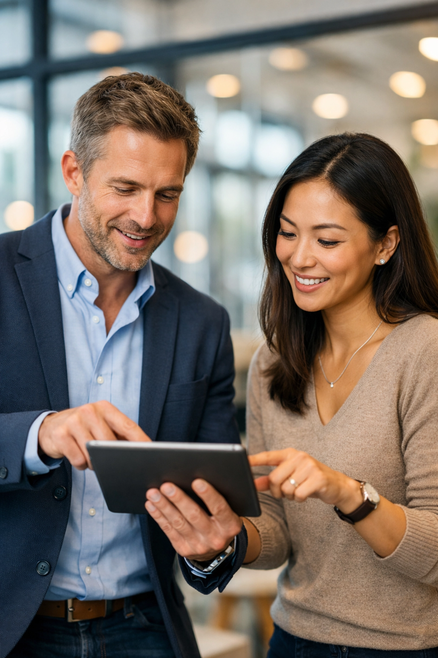 Business consultants collaborating on a tablet to ensure correct worker classification and IRS filing.