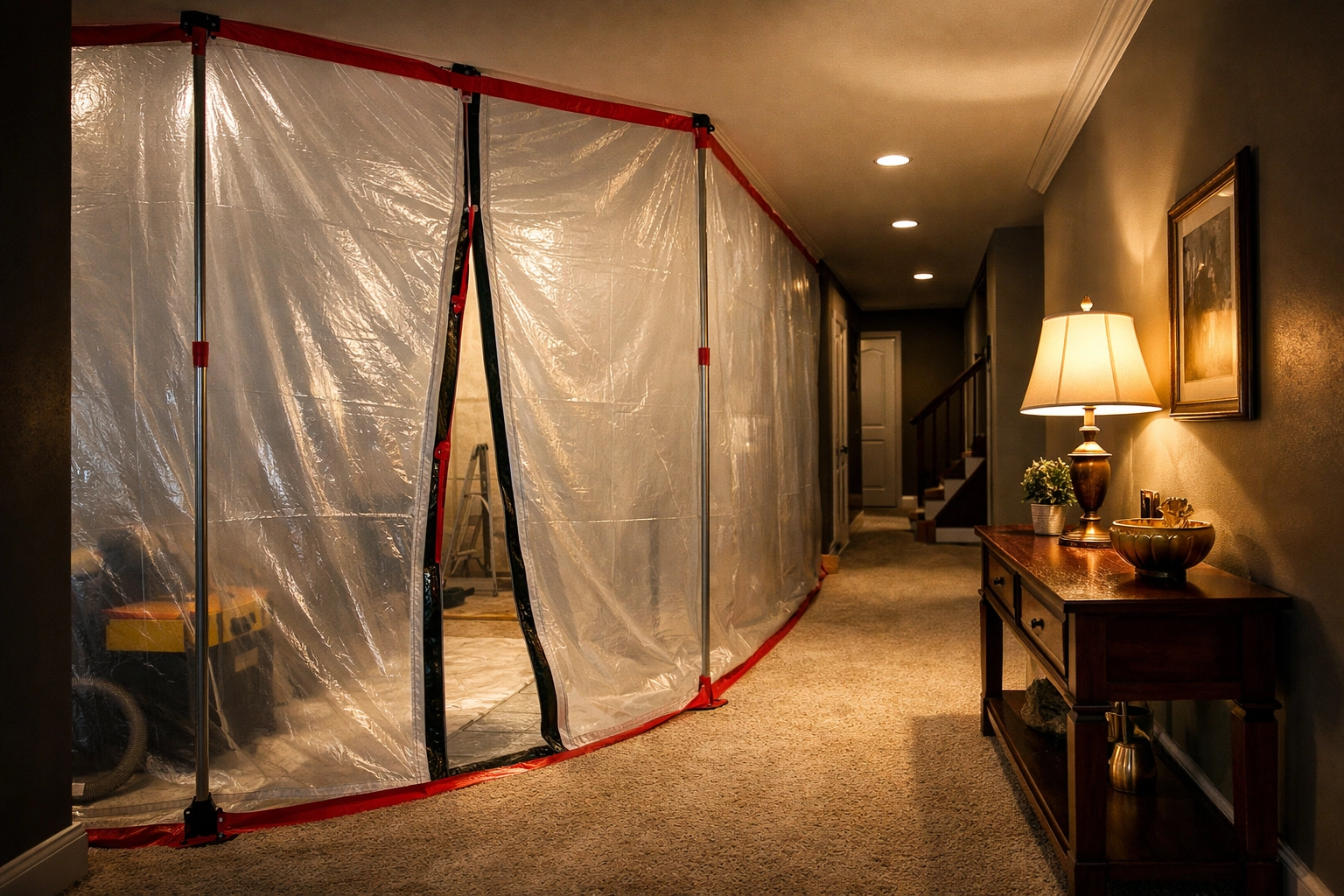 A protective dust screen separates a construction zone from a clean home interior during renovation.
