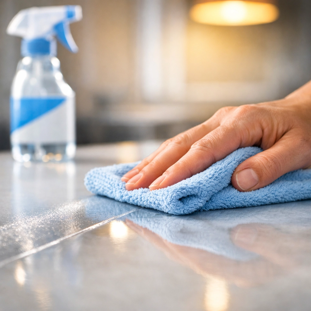 Eco-friendly house cleaning in Newton MA using non-toxic products on a luxury countertop.