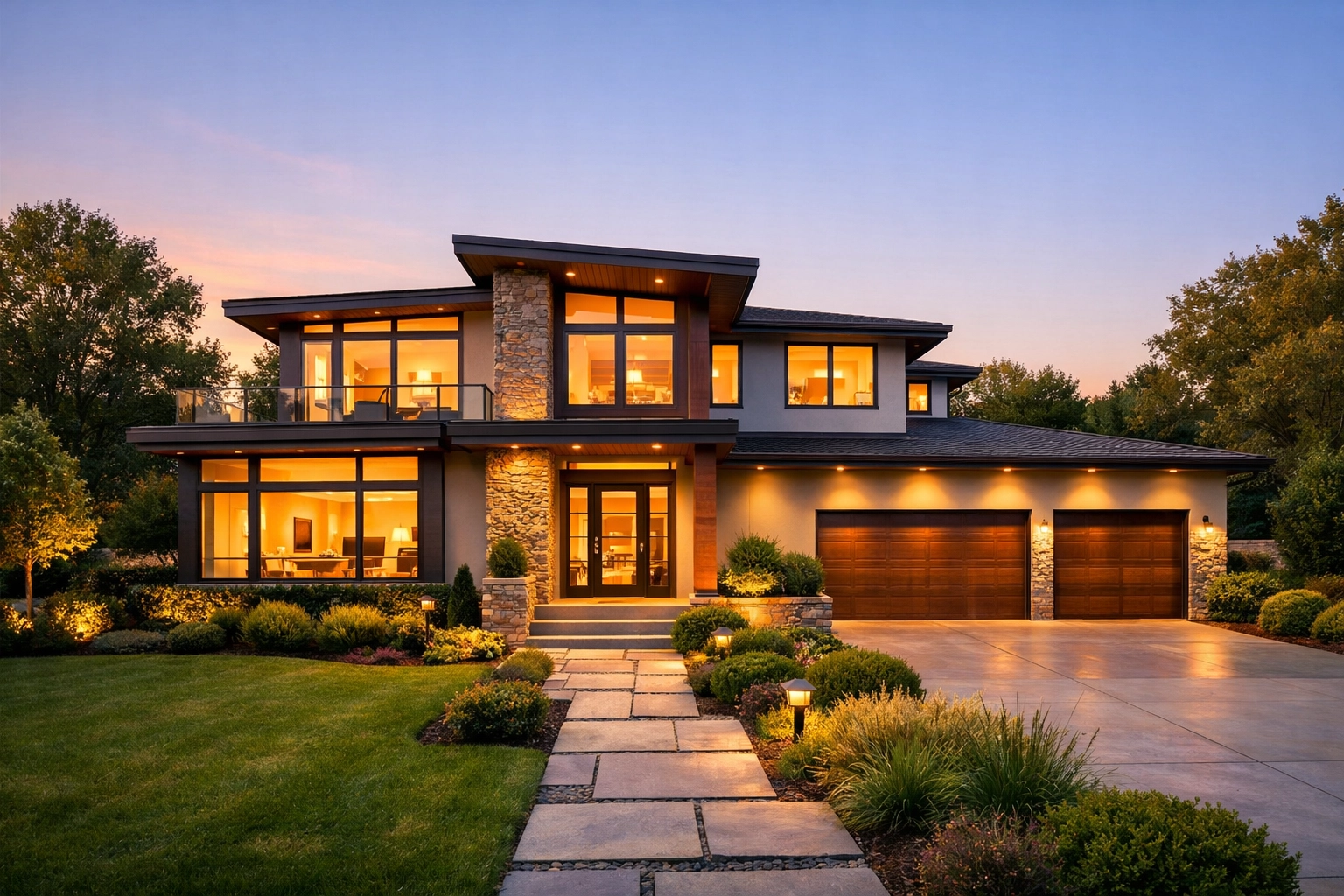 Beautiful contemporary home in a quiet Columbus, Ohio neighborhood during golden hour.