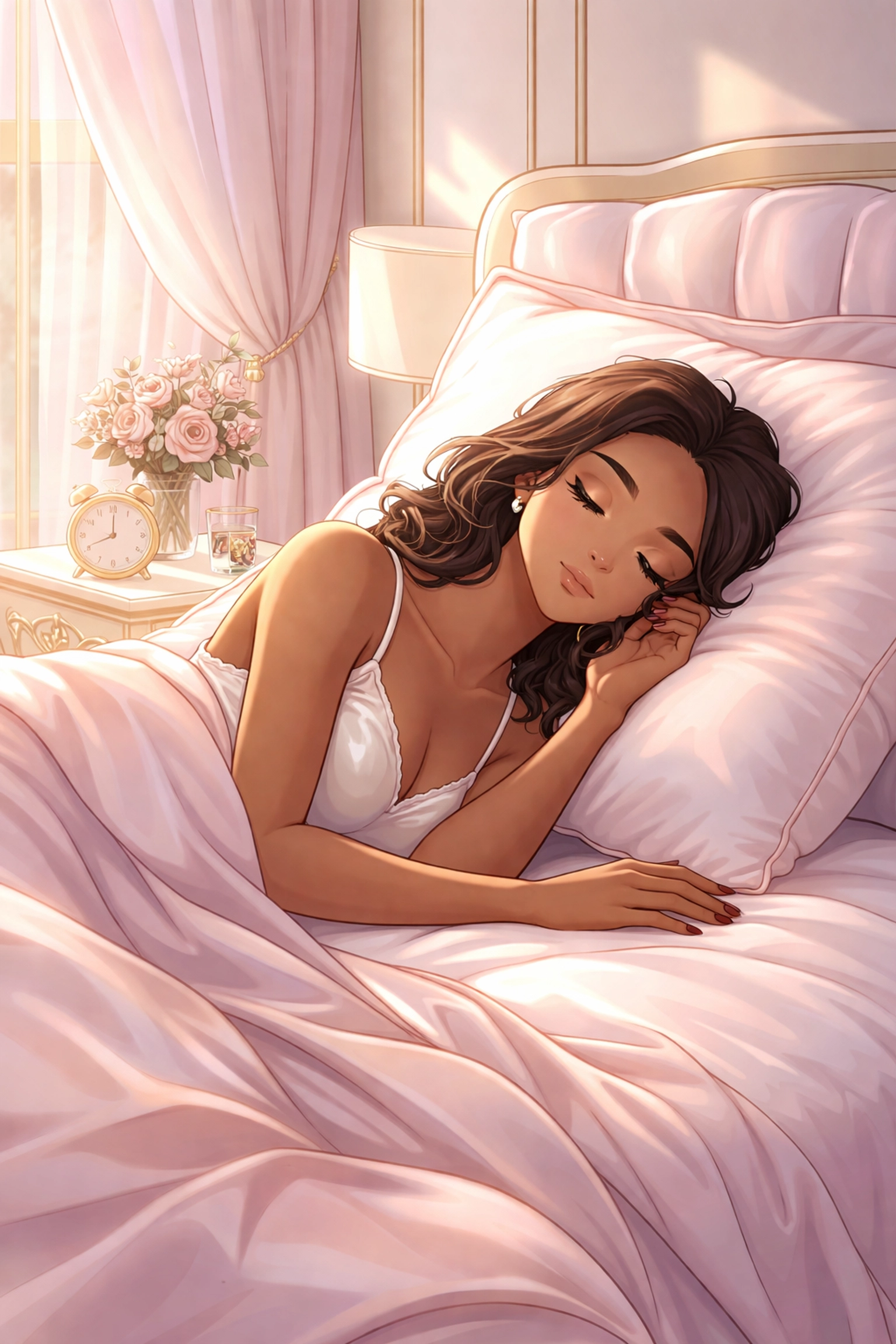 A mom with flawless brows naps peacefully in a blush pink bedroom, highlighting effortless wake-up-ready brows for busy moms.