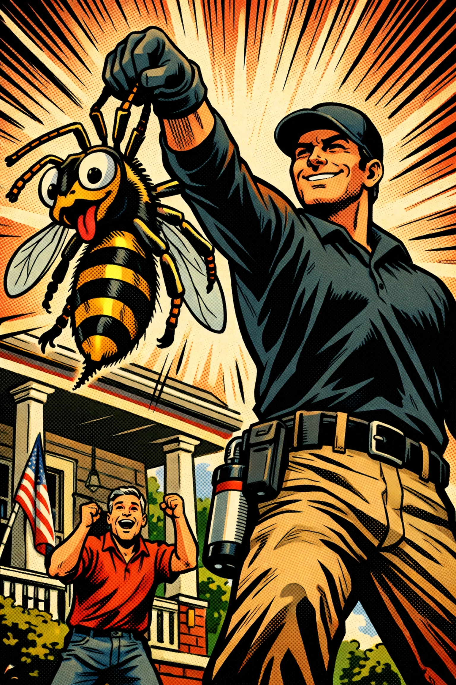 Jasper AL exterminator successfully removing a wasp while a local homeowner celebrates their pest-free home.