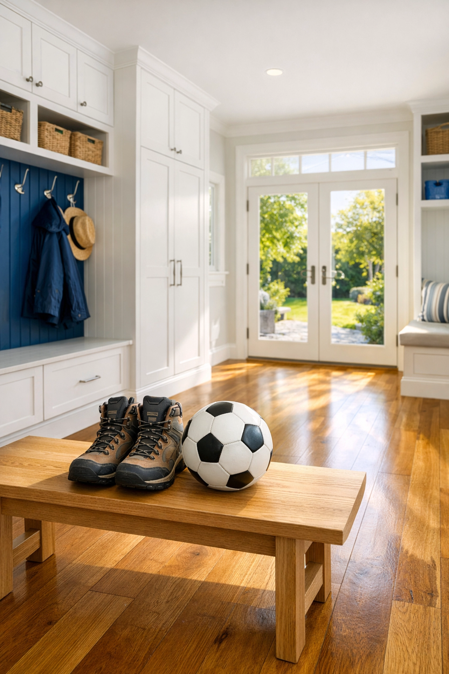Organized Lunenburg mudroom with sports gear, representing more family time after professional house cleaning.