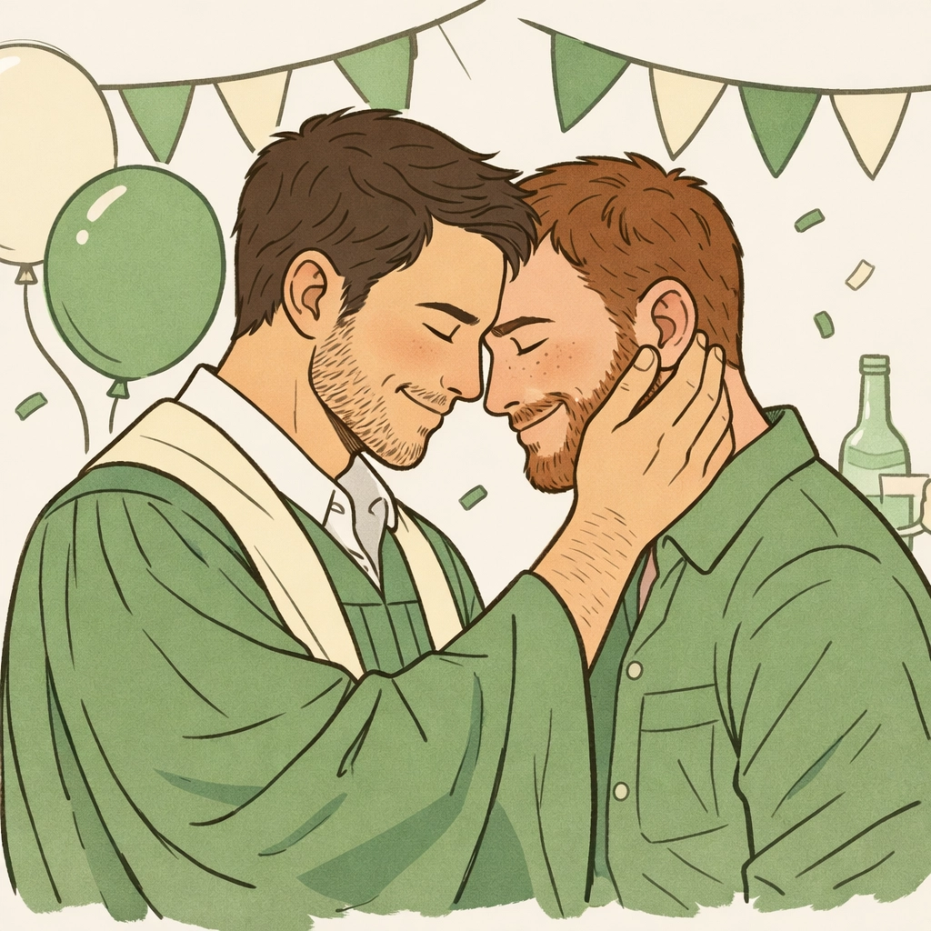 A tender moment between two men celebrating a queer milestone together, representing the support of a chosen family.