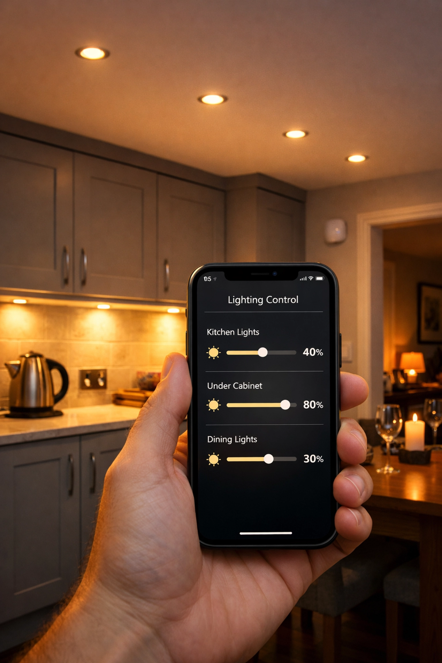 Smart LED lighting control via smartphone app in modern UK kitchen