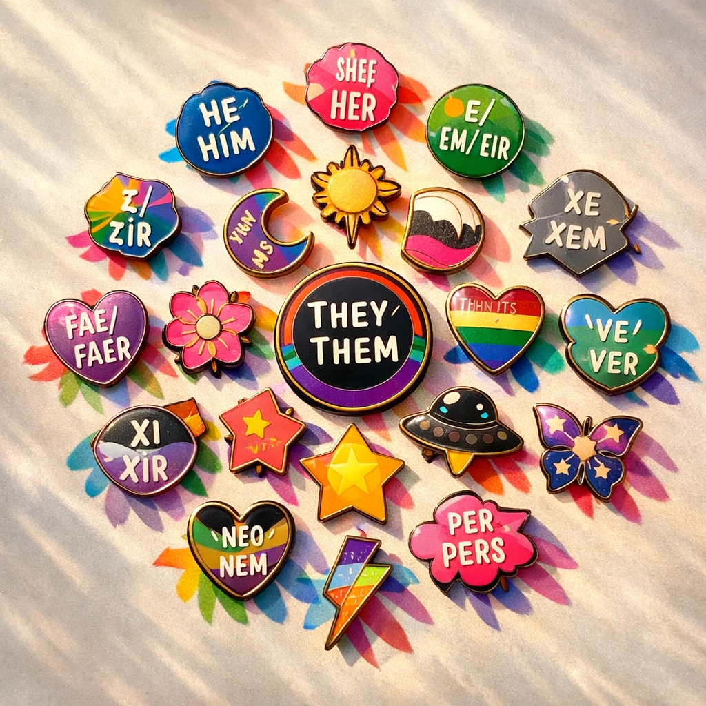 Diverse pronoun pins including e/em/eir and they/them arranged in circular pattern