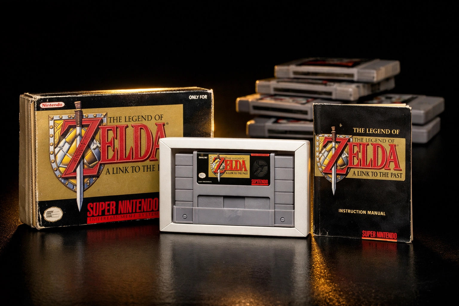 Complete-in-box Super Nintendo game with original packaging compared to loose cartridges showing value difference