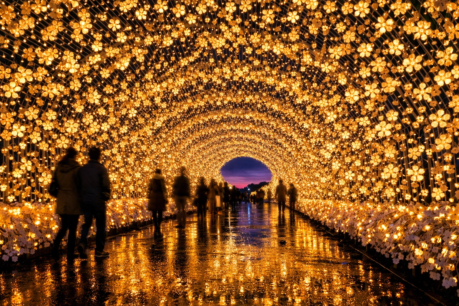 The Tunnel of Lights at Nabana no Sato, a top photo spot for vibrant nighttime landscape photography in Japan.