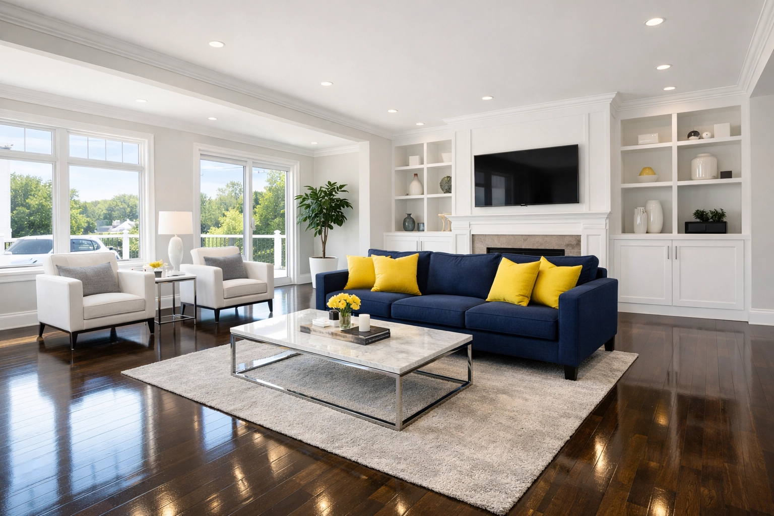 Pristine Leominster living room with polished hardwood floors after a weekly house cleaning service.