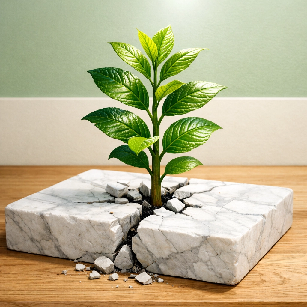 Vibrant green sapling growing from a stone base, symbolizing the foundation of a healthy life.