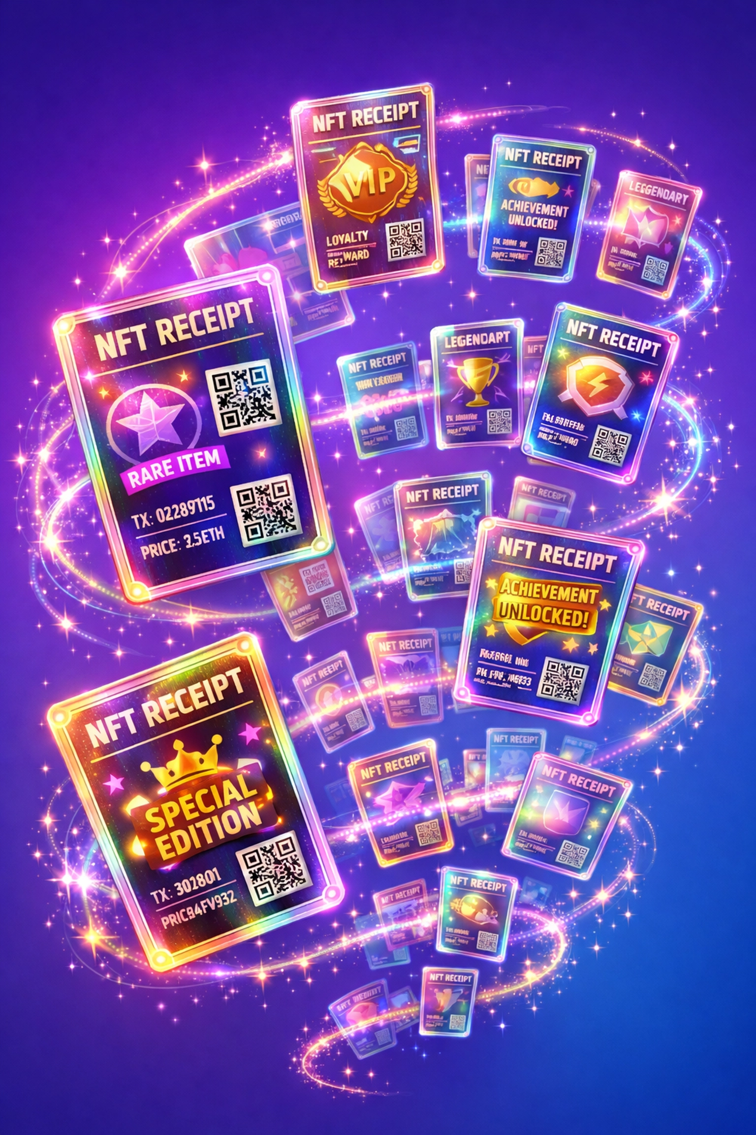 NFT receipt cards with loyalty badges and rewards for blockchain-based merchant programs