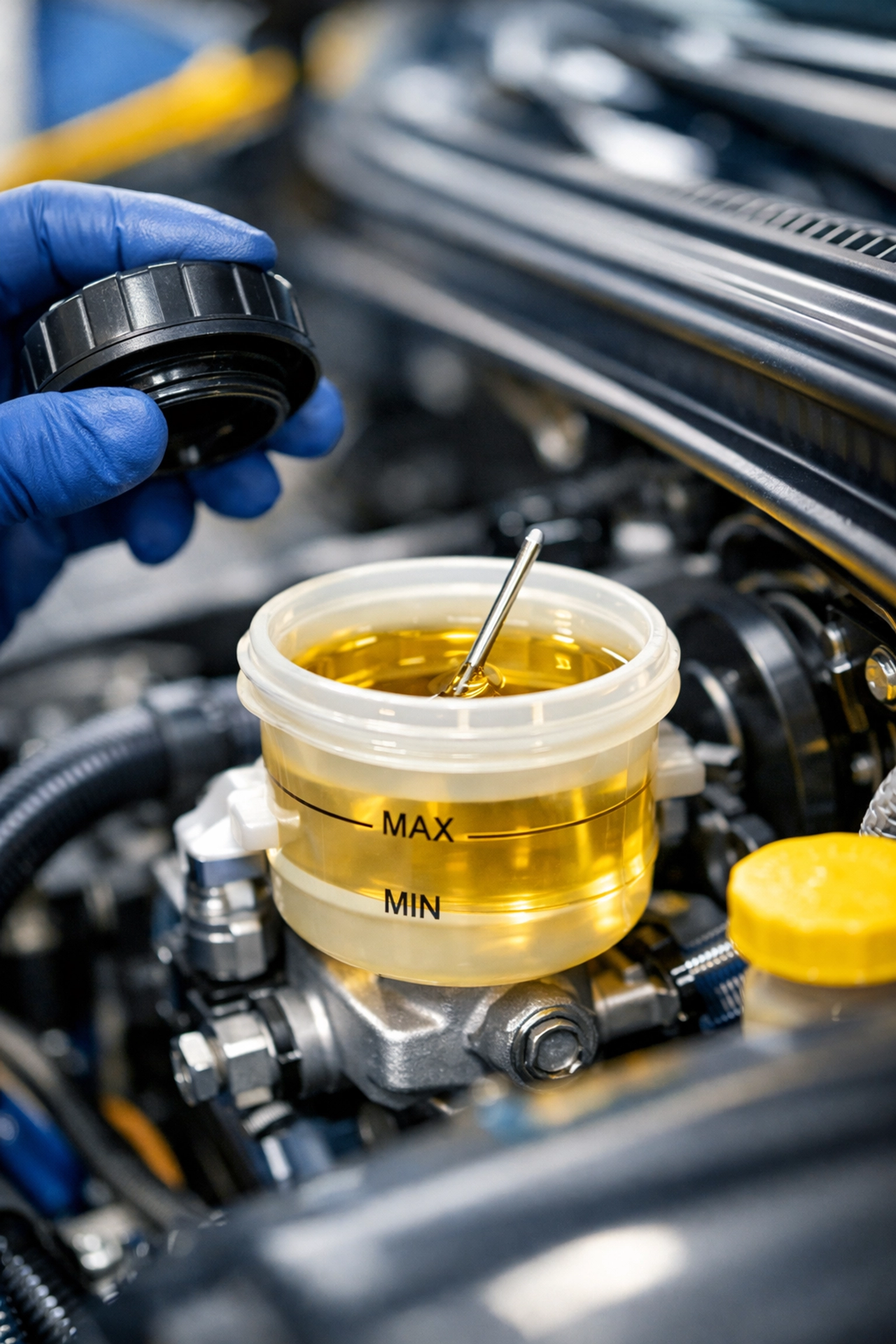 Auto technician checking brake fluid levels as part of a regular brake maintenance service in Ingersoll.