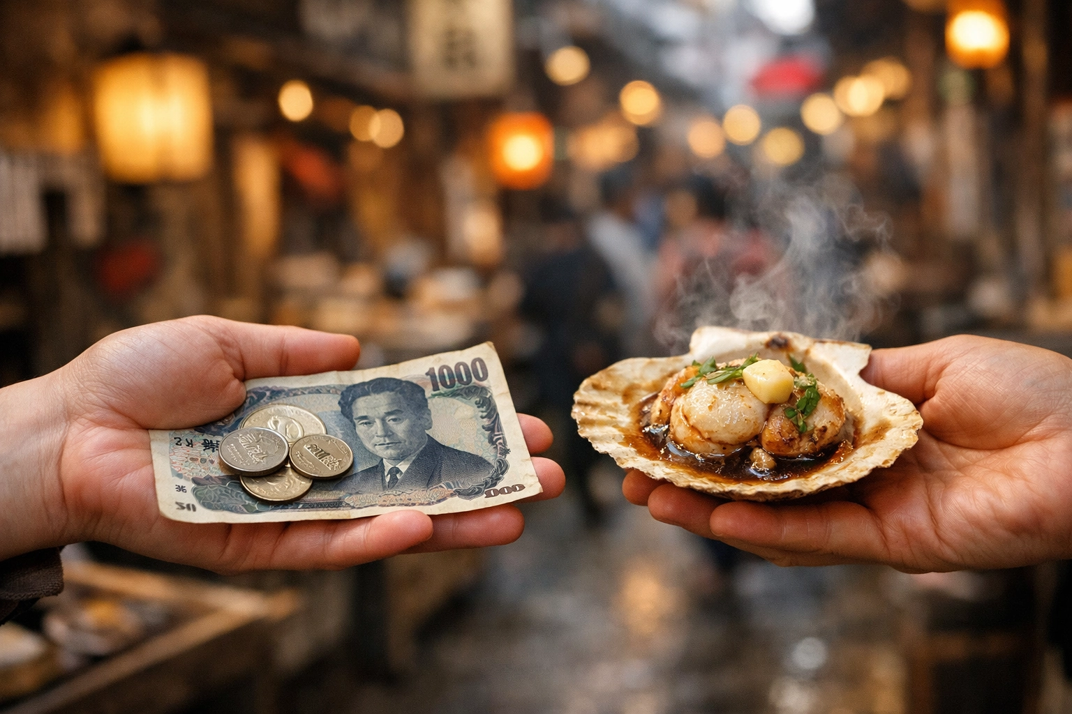 Paying cash for grilled scallops at Tsukiji Outer Market, Tokyo, bring yen for street food