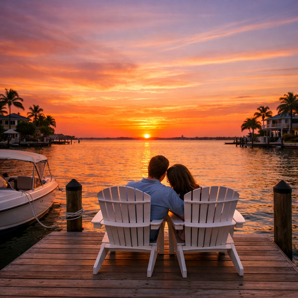 A peaceful sunset view from the dock of a Cape Coral waterfront home.