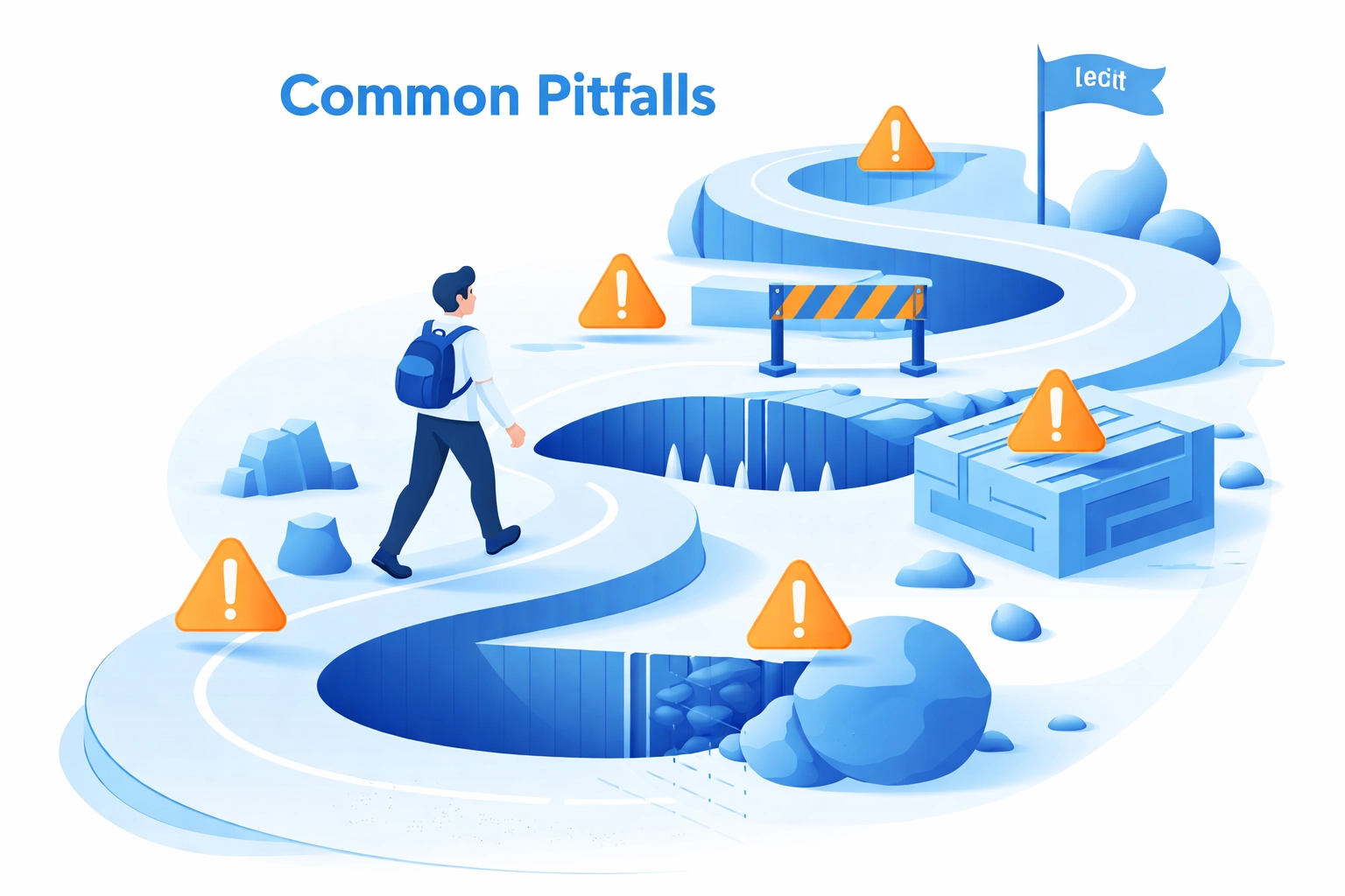 Person navigating a path with warning signs and obstacles, representing common SEO mistakes to avoid
