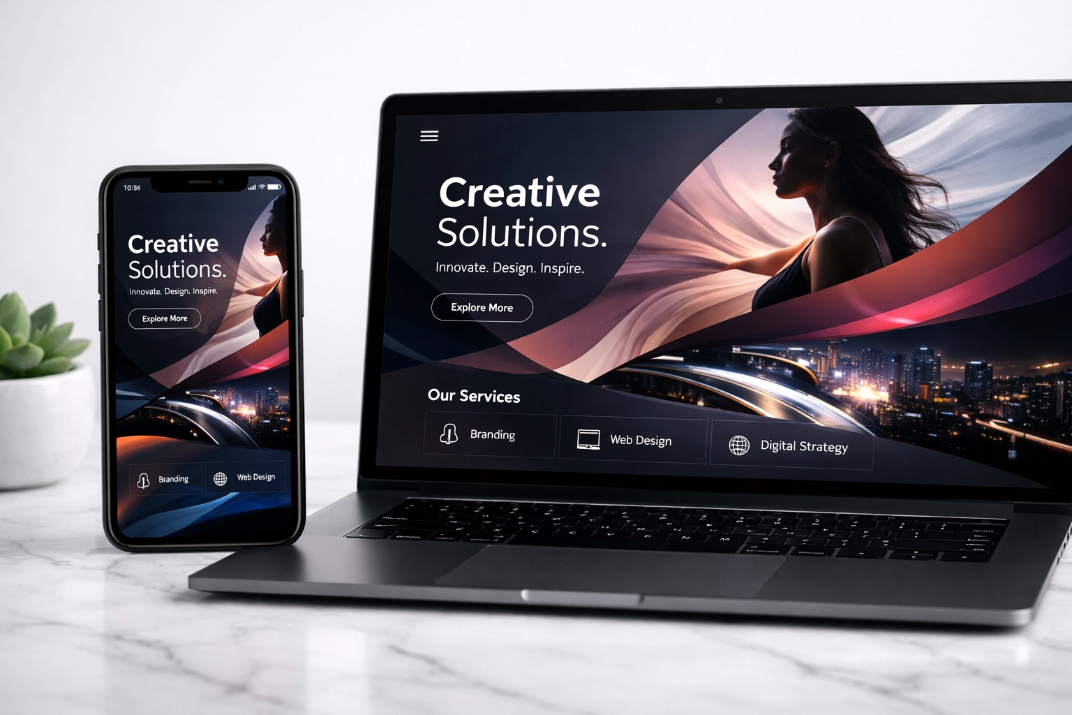 Modern laptop and phone displaying custom web design Toronto for a content marketing agency.
