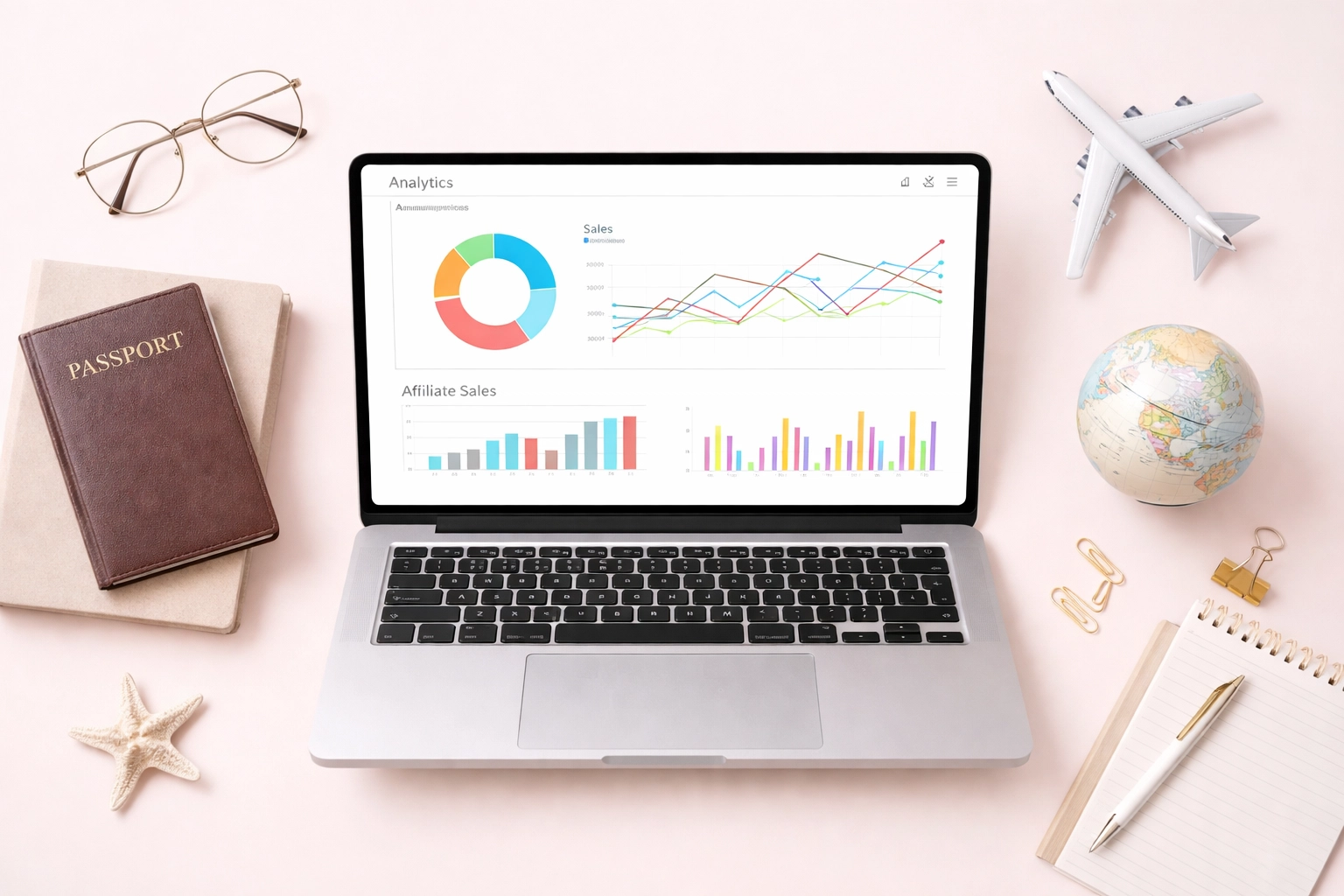 Laptop displaying affiliate sales tracking dashboard surrounded by passport and travel accessories