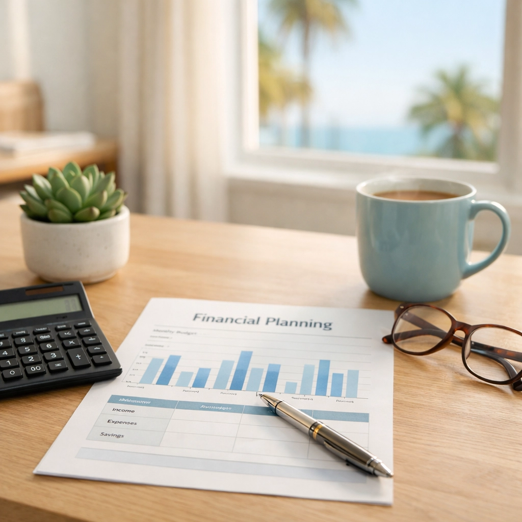 Retirement income planning documents on desk in Stuart, Florida home office