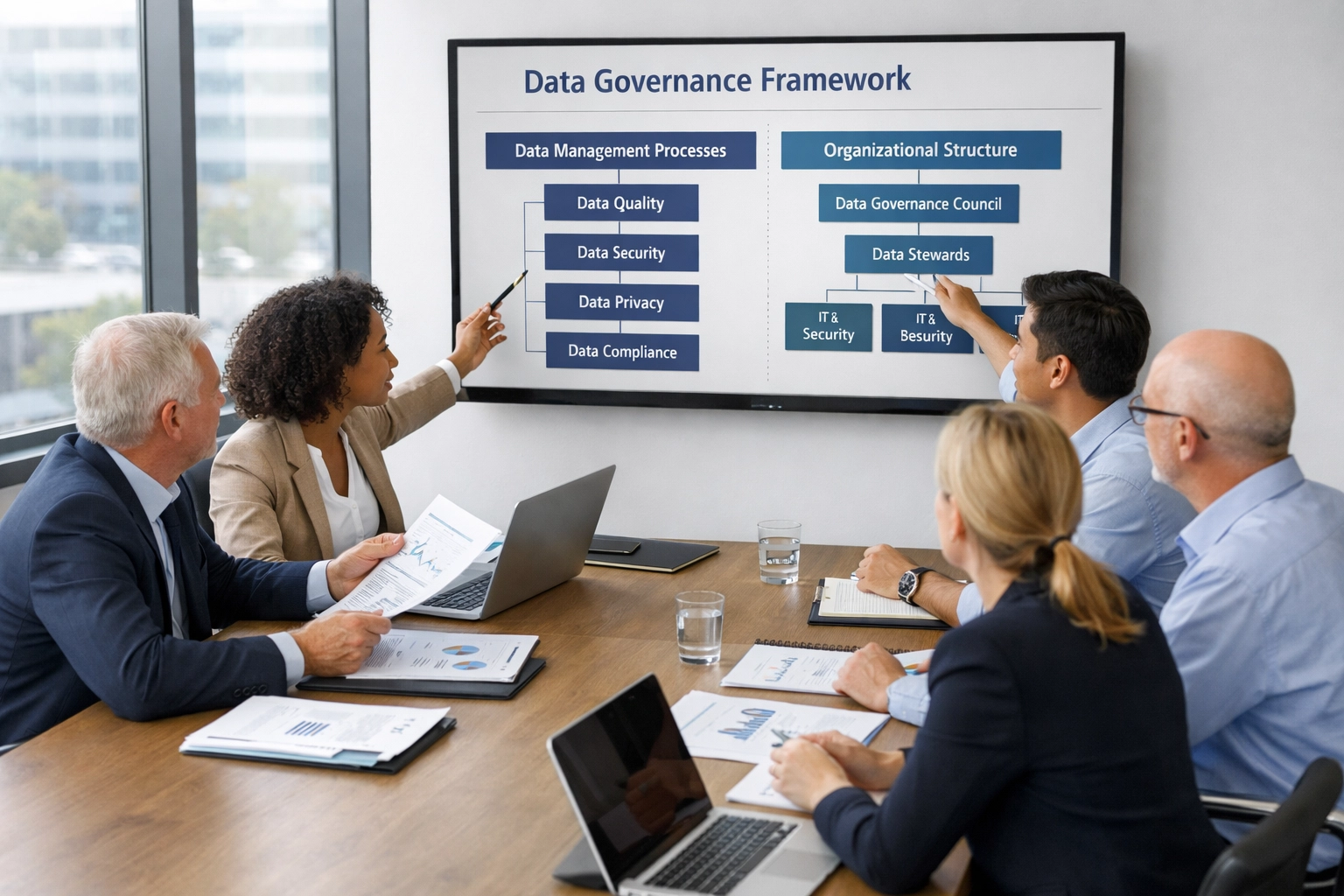 Team collaborating on data governance strategy for AI consulting implementation