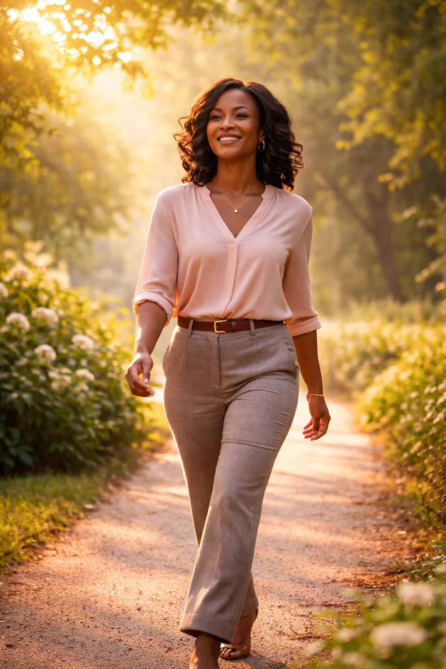 Confident African American woman stepping forward in a sunlit garden, symbolizing godly leadership and faith.