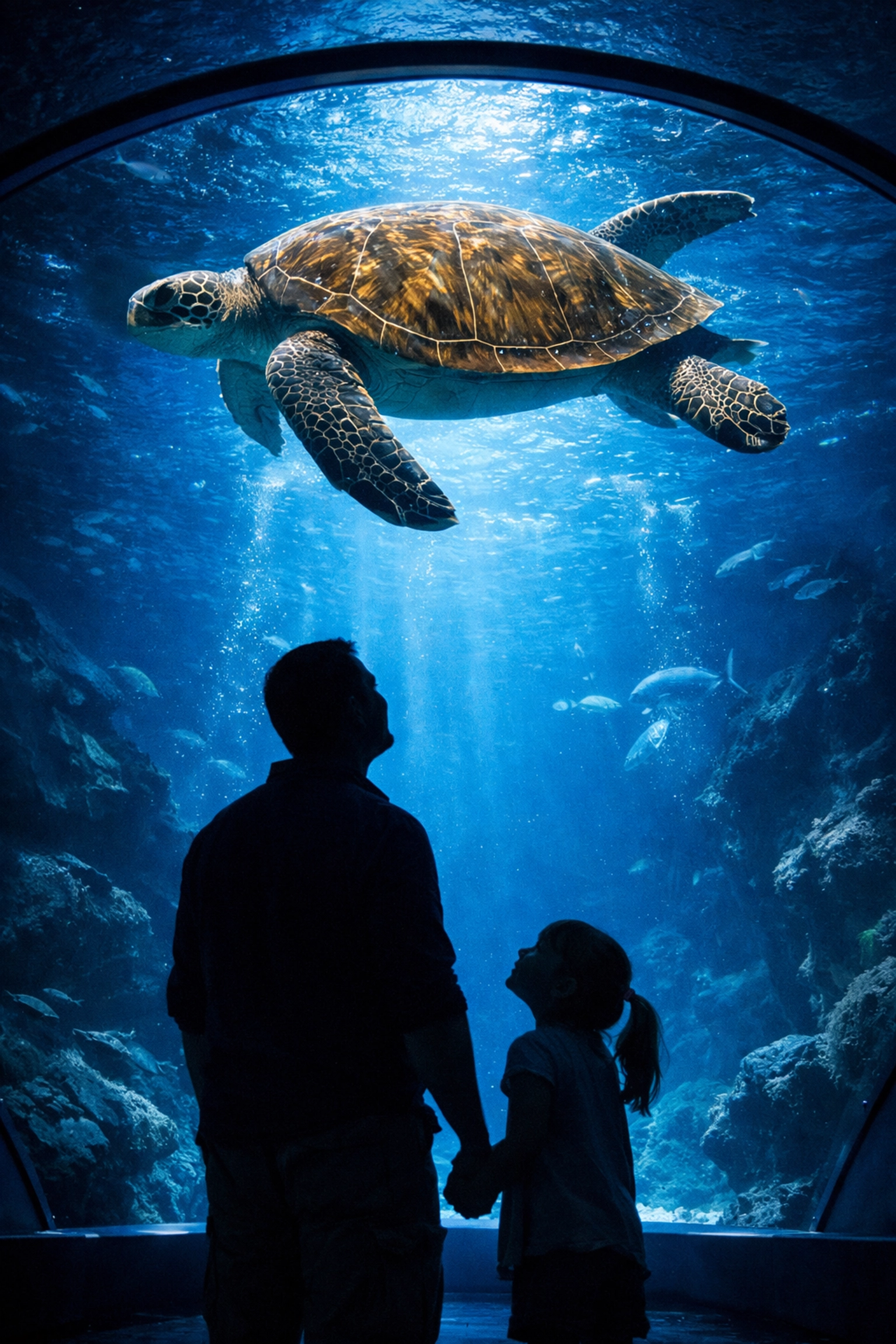Silhouetted father and daughter watching a sea turtle swim through a blue aquarium tunnel at a marine park.