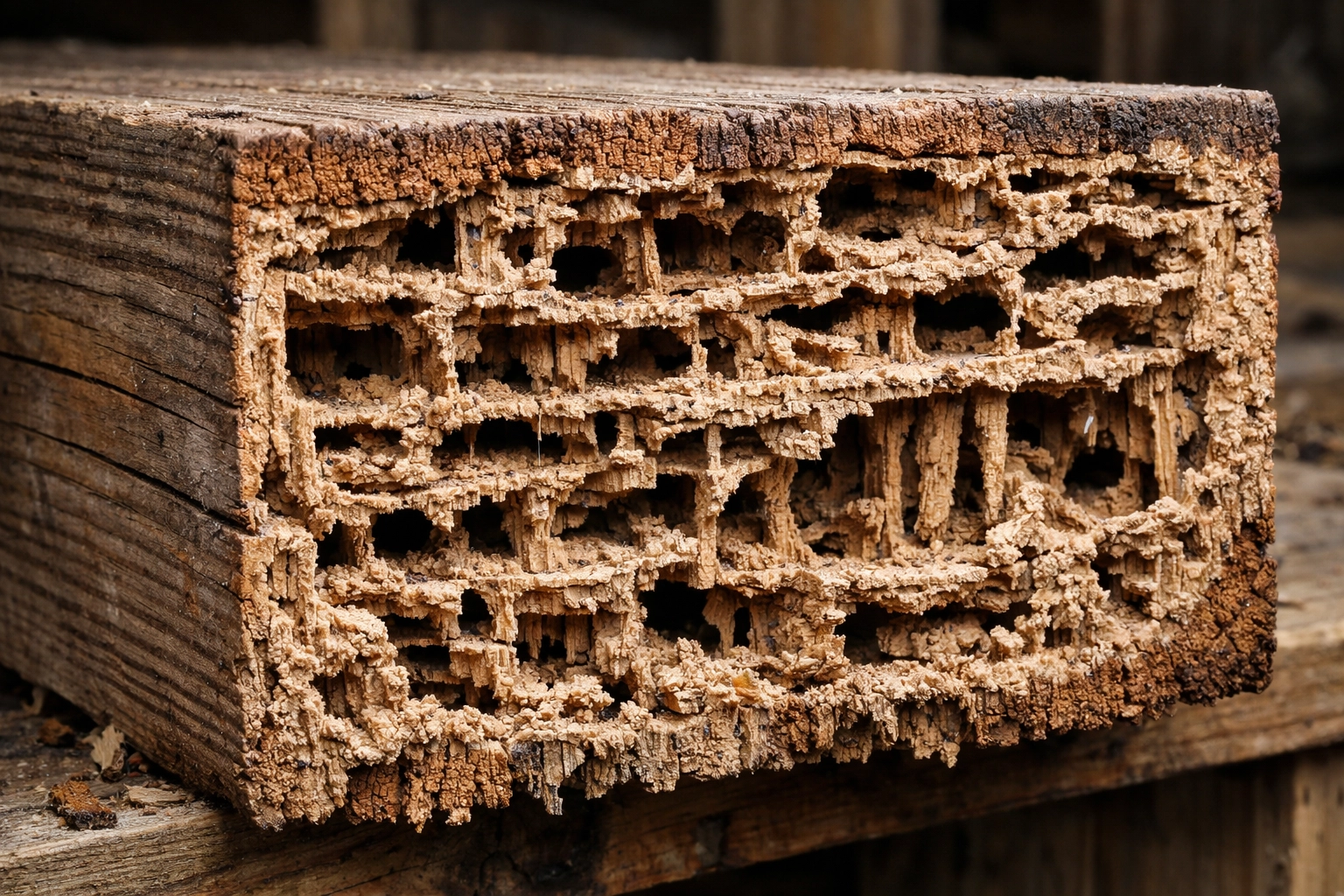 Cross-section of a wooden floor joist showing severe internal termite damage and hollowed galleries.