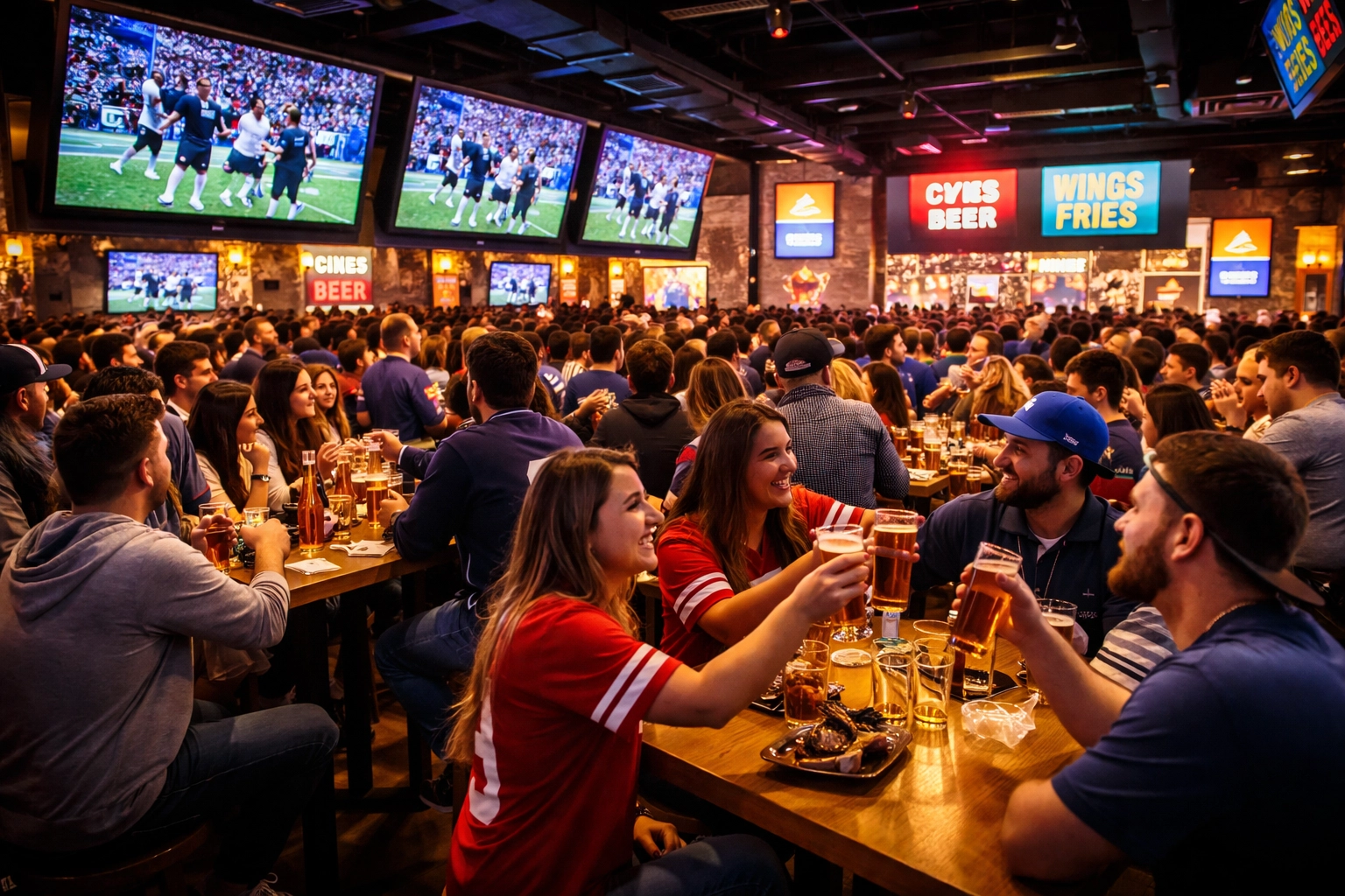 Packed sports bar with digital ad screens and excited fans enjoying pre-game before stadium events