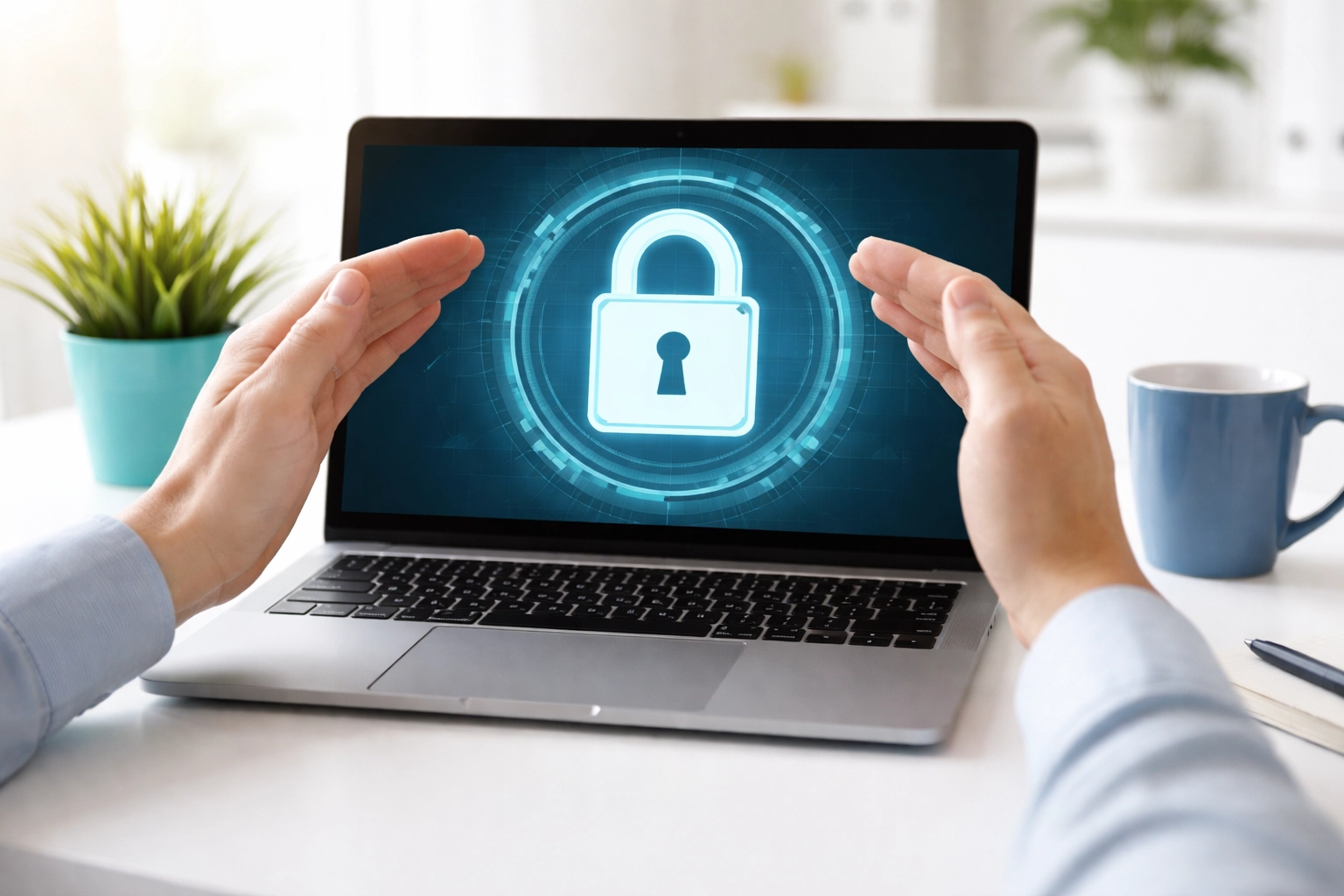 Hands protecting a laptop with a padlock icon highlight the importance of website security for small businesses.