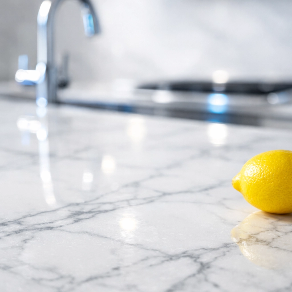 Polished marble kitchen countertop in a Dover home following expert residential cleaning Massachusetts.
