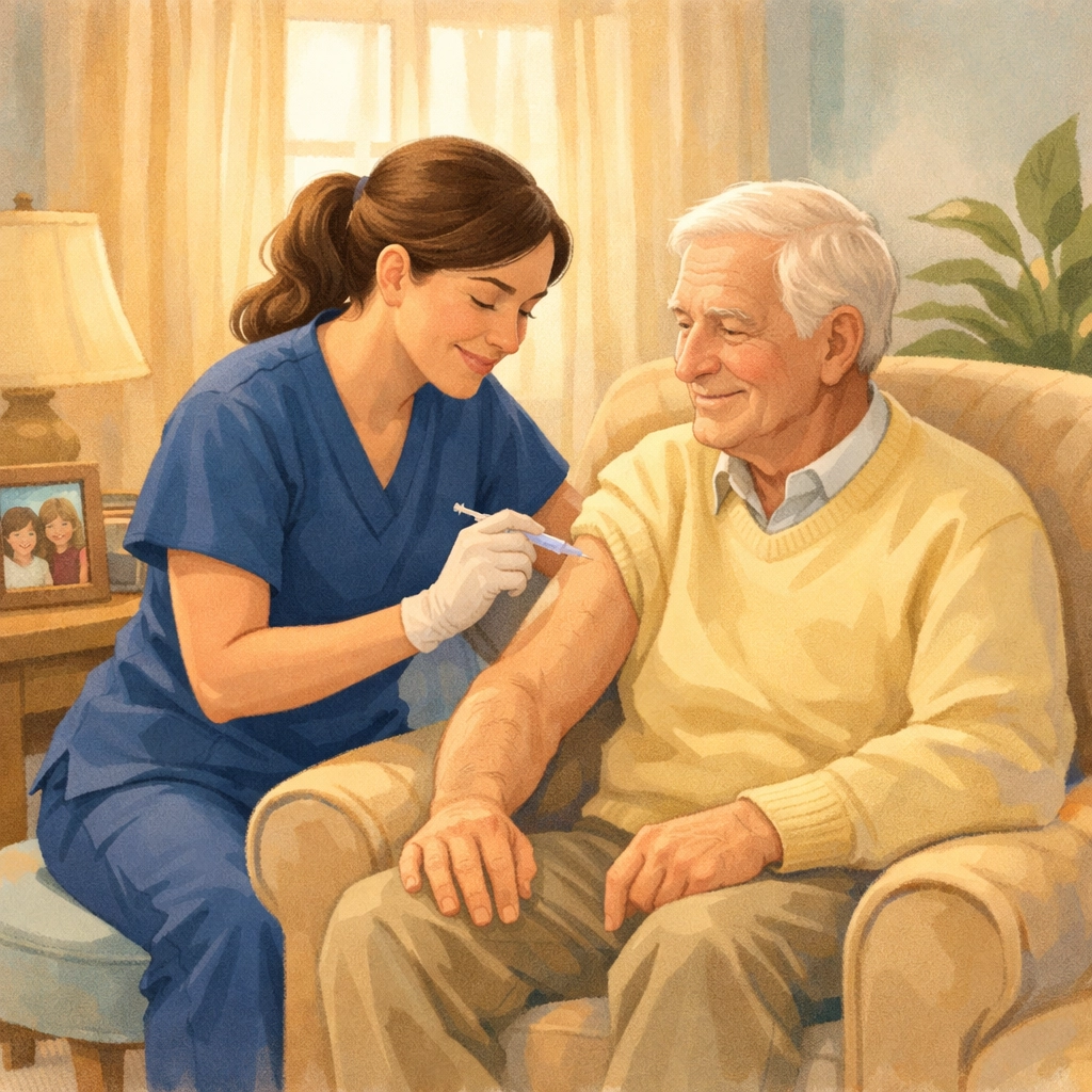 Home injection nurse providing skilled nursing care to elderly patient in Georgia home