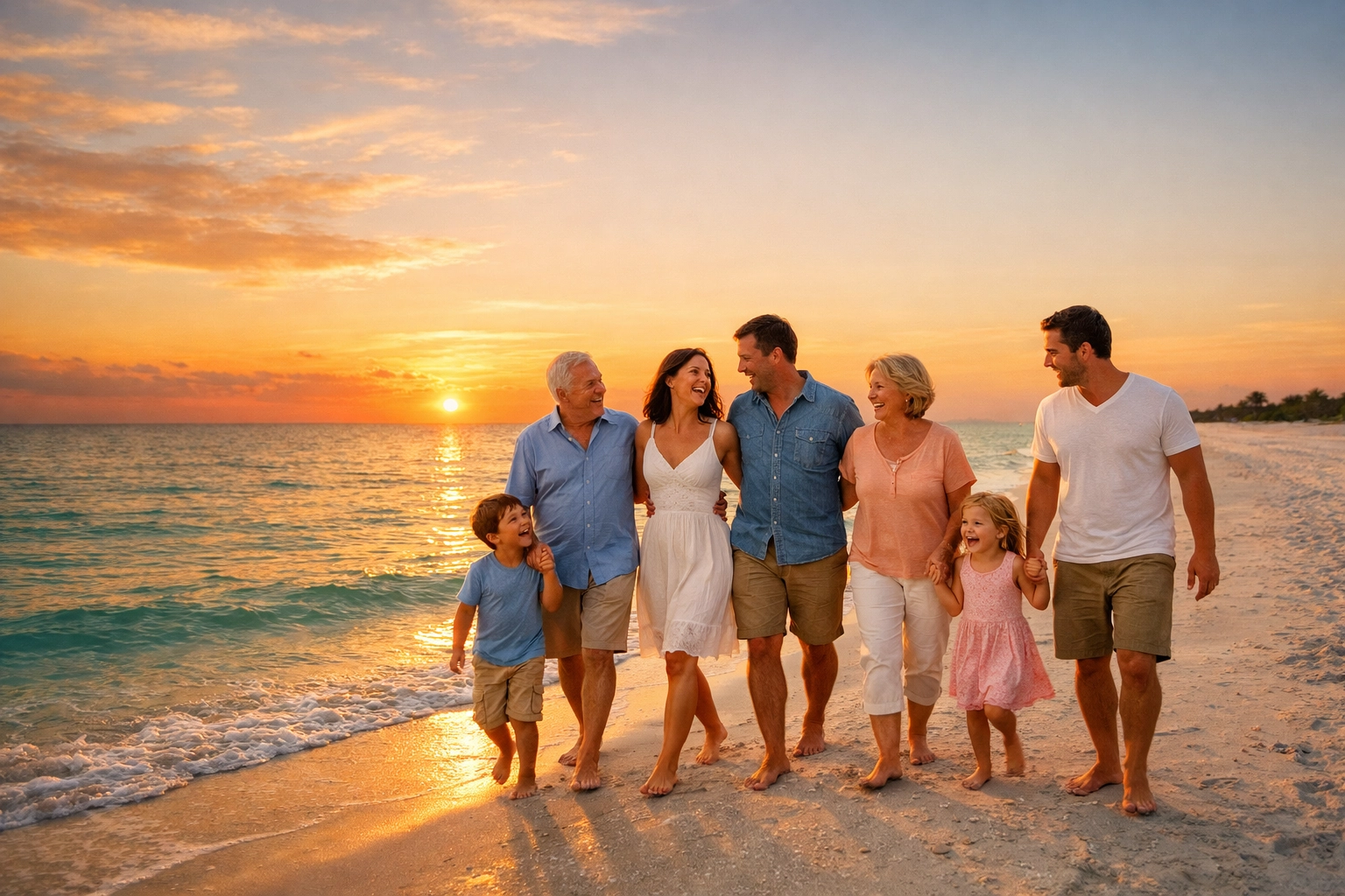 A multi-generational family walking on Englewood beach at sunset, symbolizing financial peace of mind.