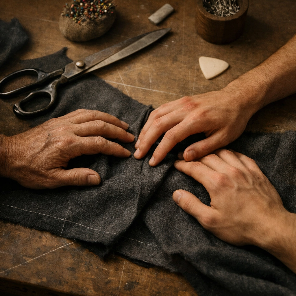 Two men's hands working together on fabric in tailor shop showing intimate MM romance connection