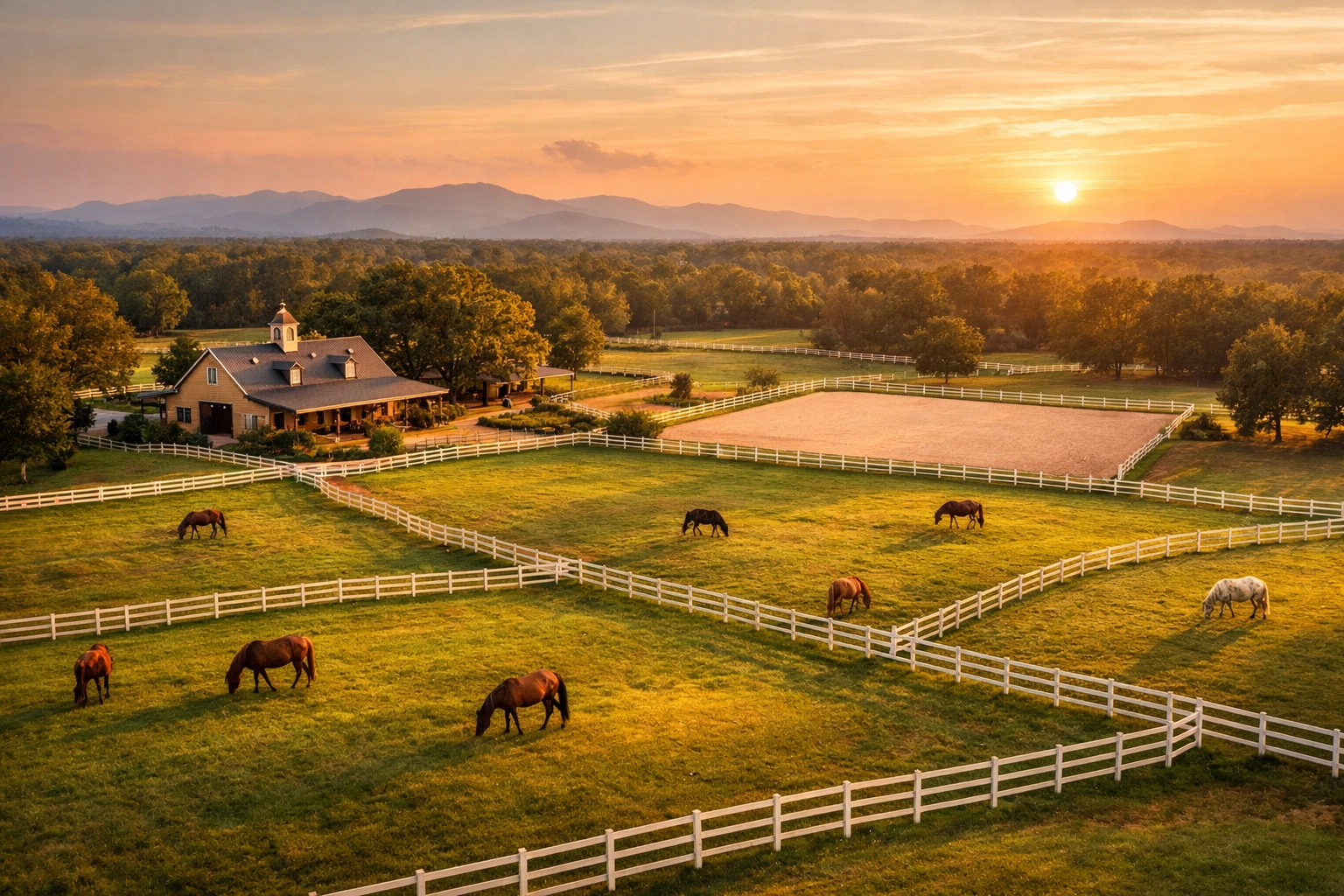 Aerial view of horse farm for sale in Waxhaw NC with barn, pastures, and white fencing