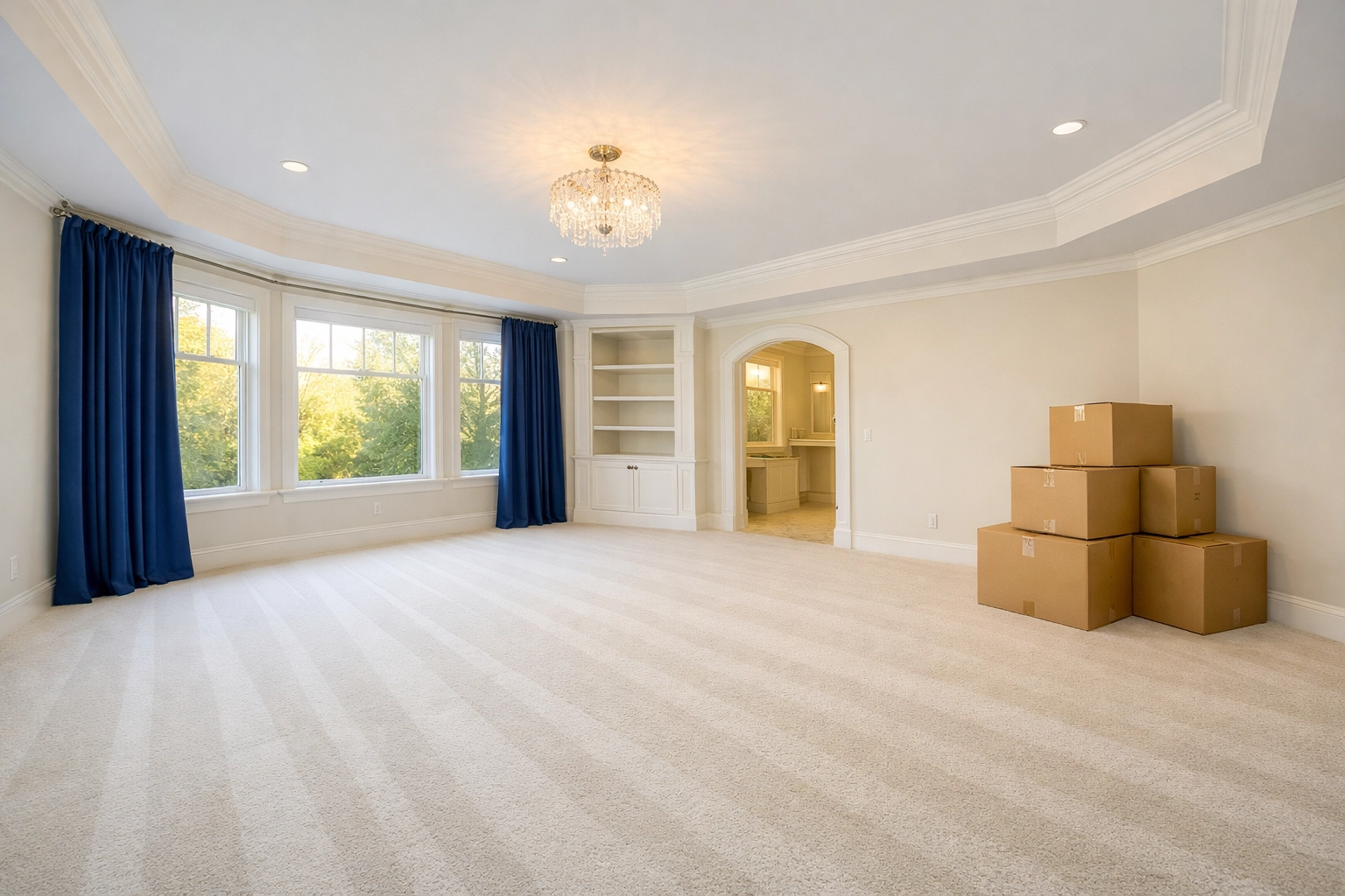 A pristine Wellesley apartment bedroom with clean carpets and vacuum lines after a professional move-out service.