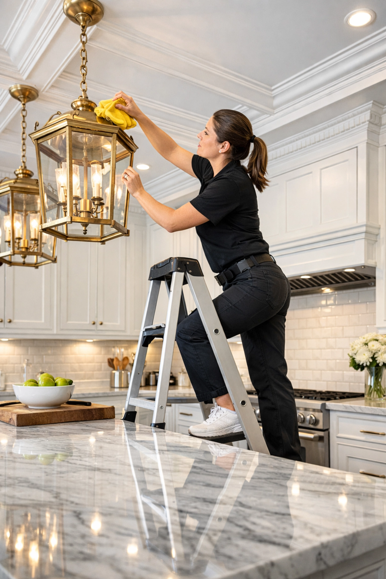 Professional top-to-bottom post-construction cleaning in Walpole kitchen including high fixtures and cabinetry.