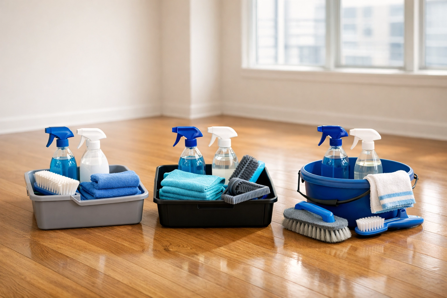 Professional cleaning equipment and supplies arranged for apartment turnover cleaning