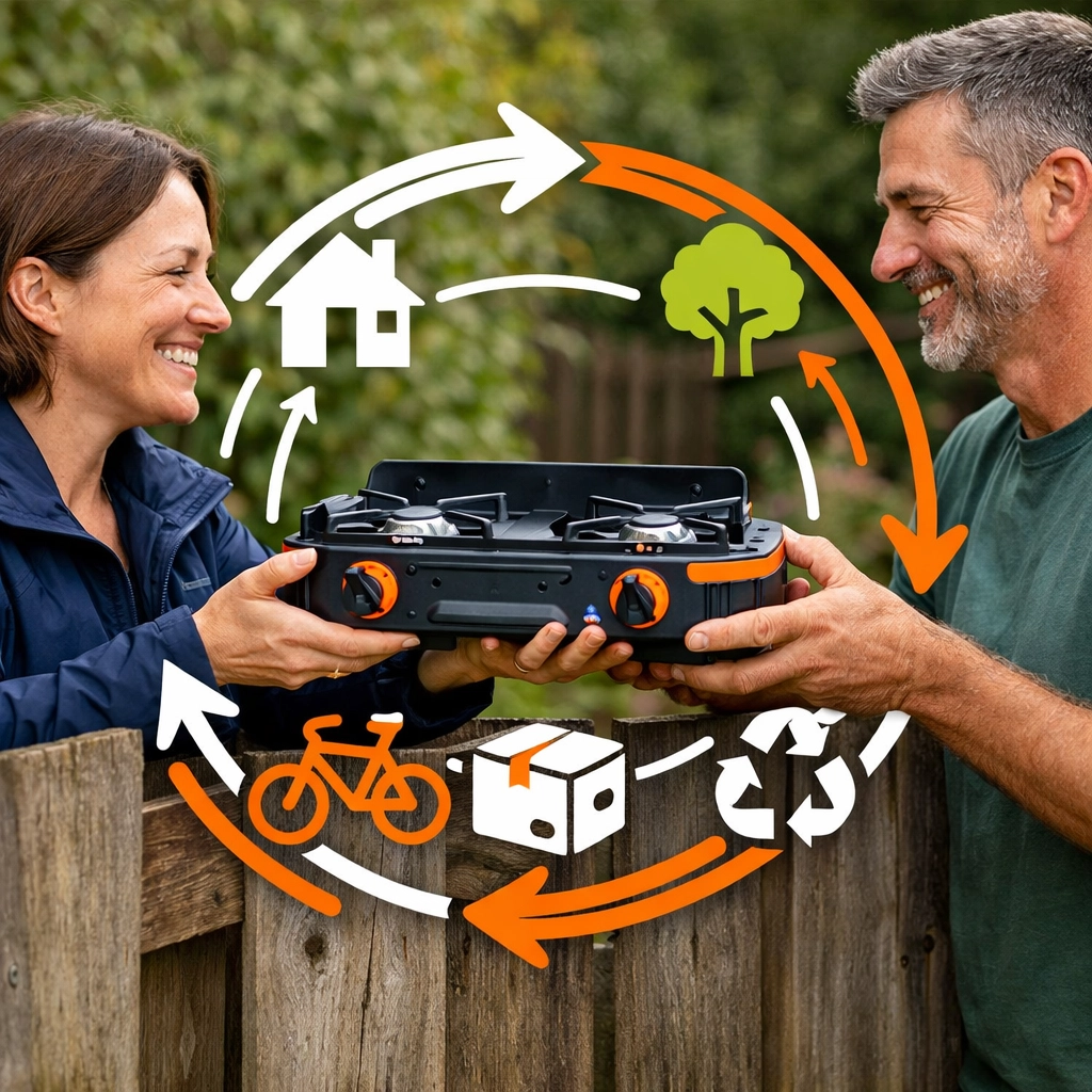 Neighbors sharing a high-quality camping stove over a fence, highlighting the community rental model.
