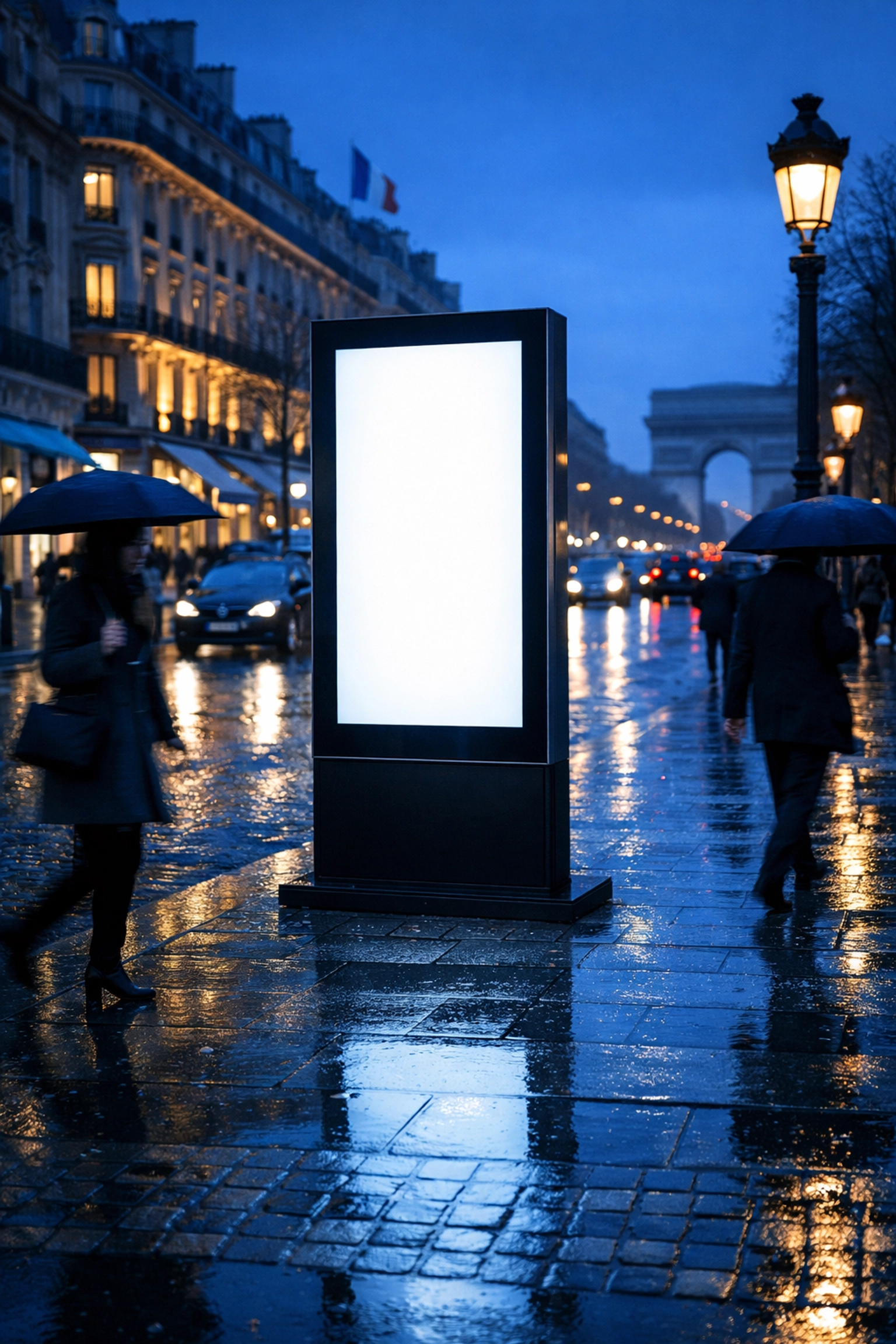 A digital signage kiosk on a rainy Paris street illustrating flexible DOOH weather triggers and global reach.