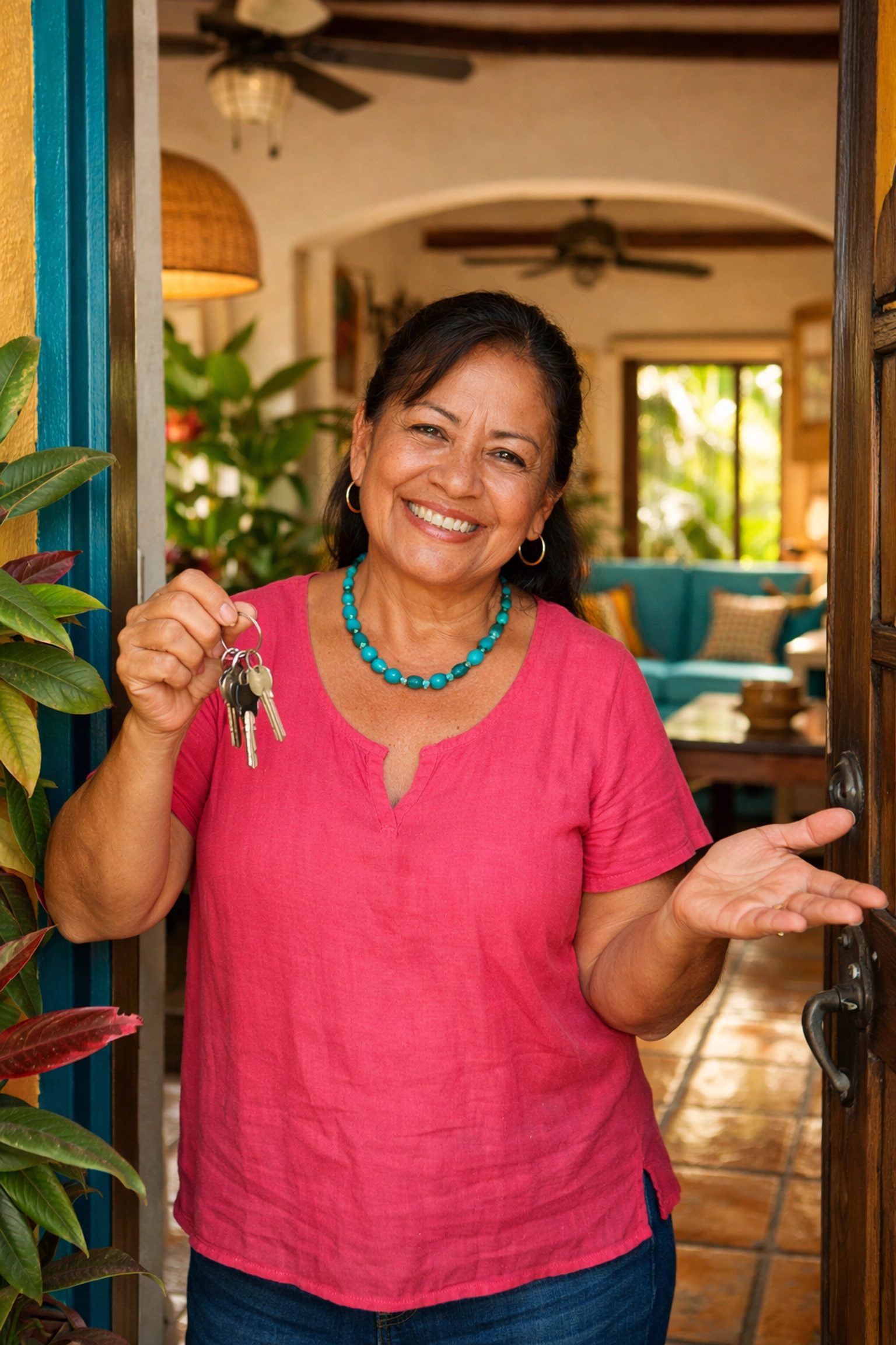 Local host welcoming guests at Puerto Vallarta family-run condo rental entrance