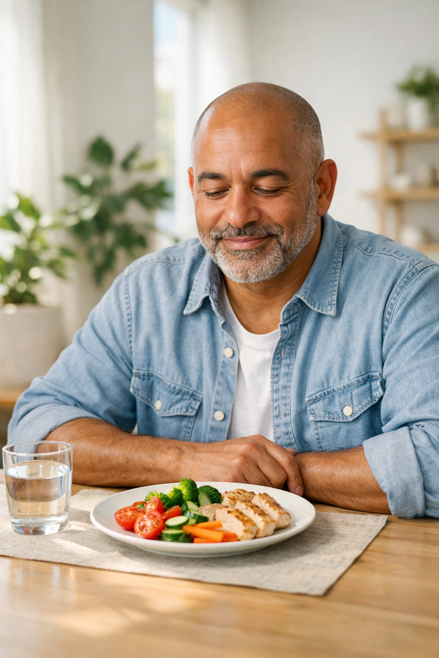 Man feeling satisfied with a healthy meal, representing successful medical weight loss and Semaglutide results.