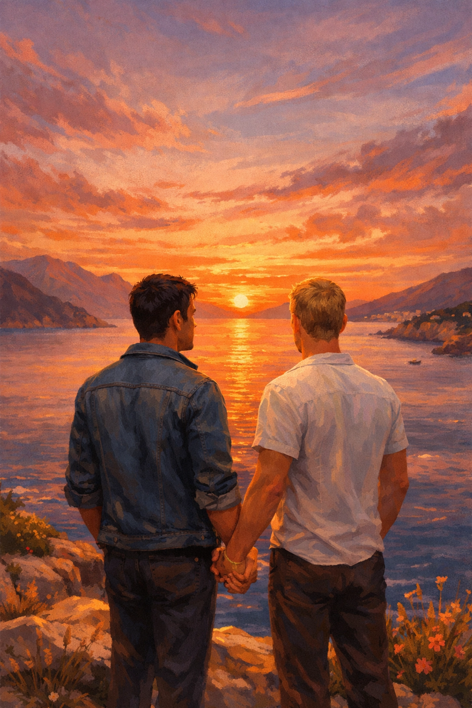 Gay couple holding hands overlooking Adriatic Sea symbolizing Greek-Albanian romance