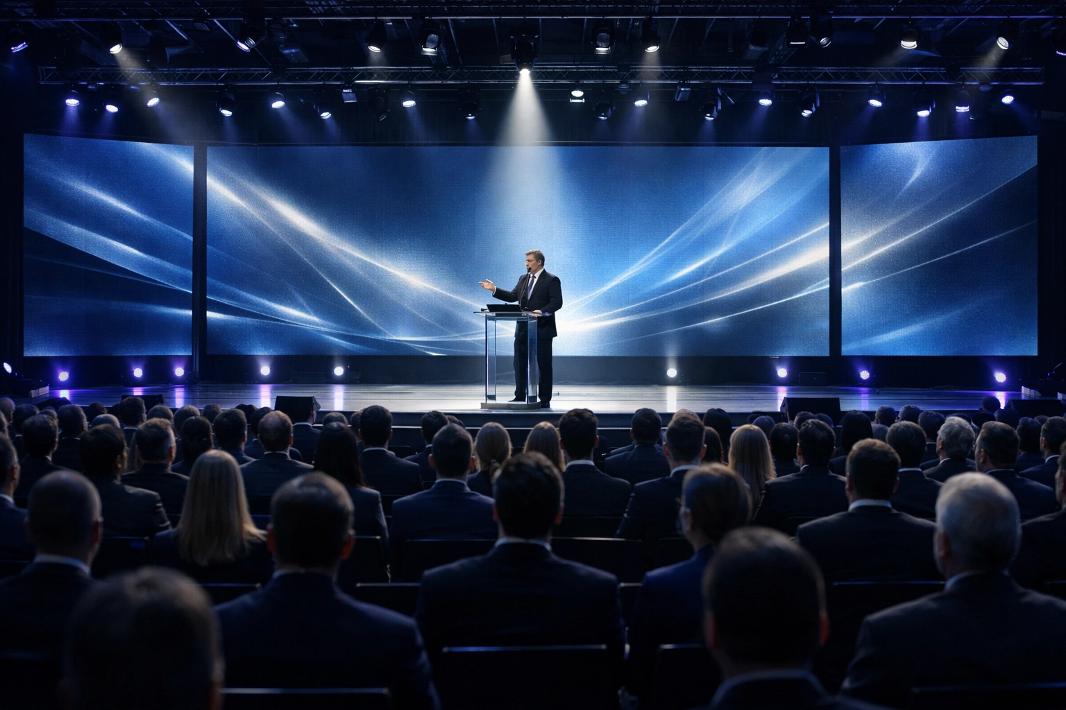 A speaker at a high-stakes corporate event demonstrating professional production and media solutions.