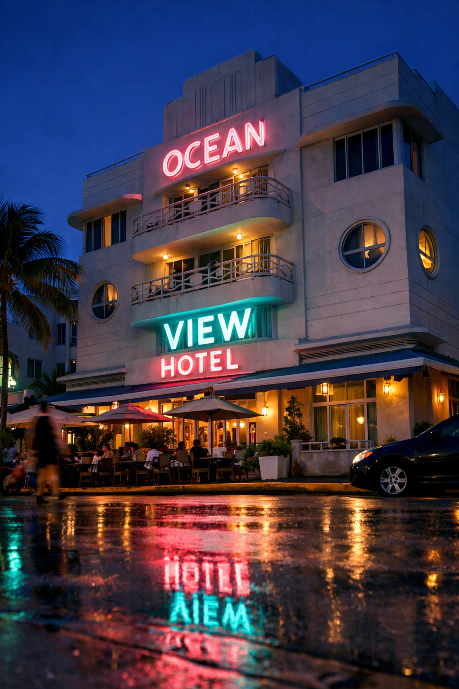 Neon-lit Art Deco hotel on Ocean Drive at twilight, a highlight of fun things to do in Miami.